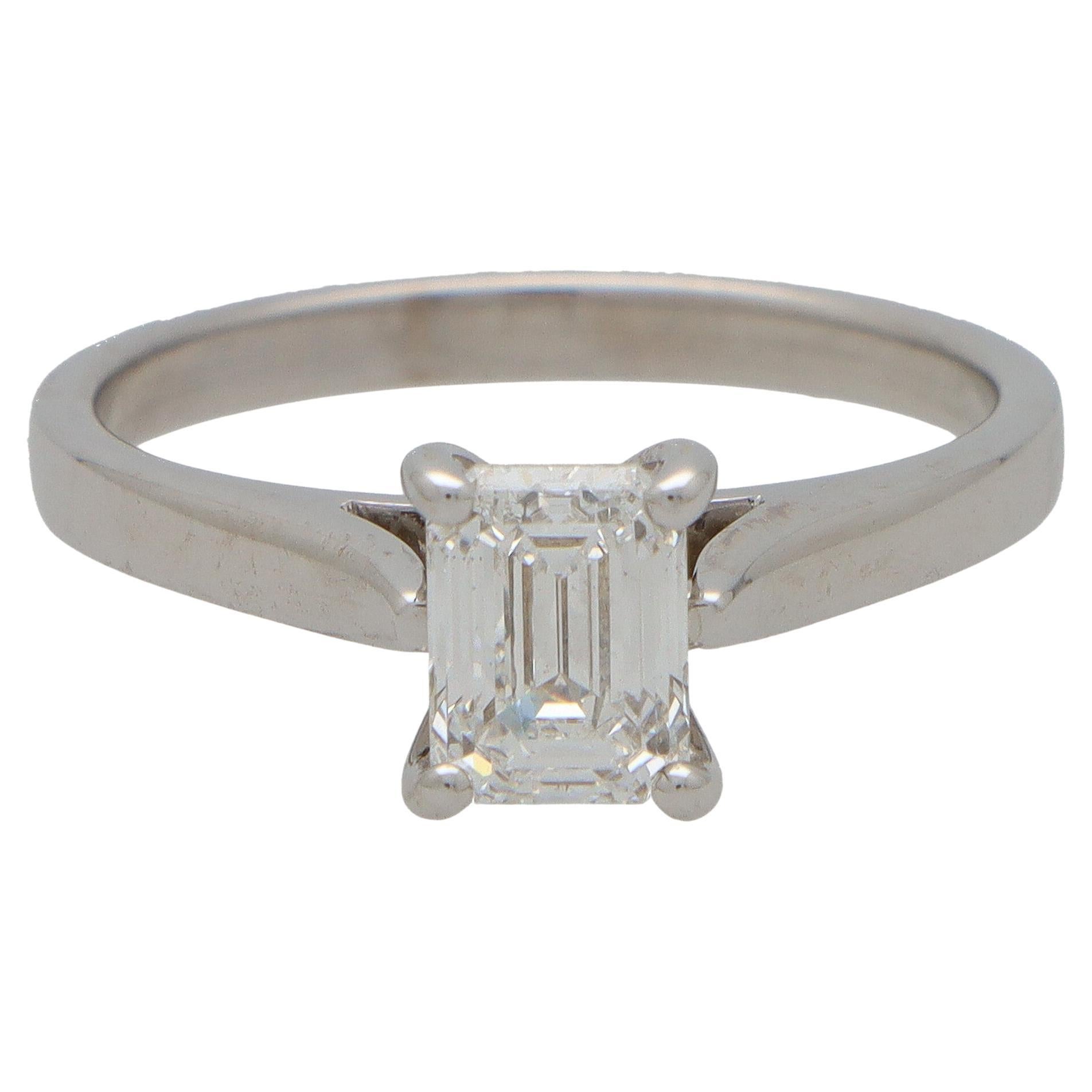  GIA Certified Emerald Cut Diamond Solitaire Ring in 18k White Gold For Sale