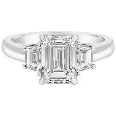 GIA Certified 2.12 Carats Emerald Cut Diamond Three-Stone Engagement Ring
