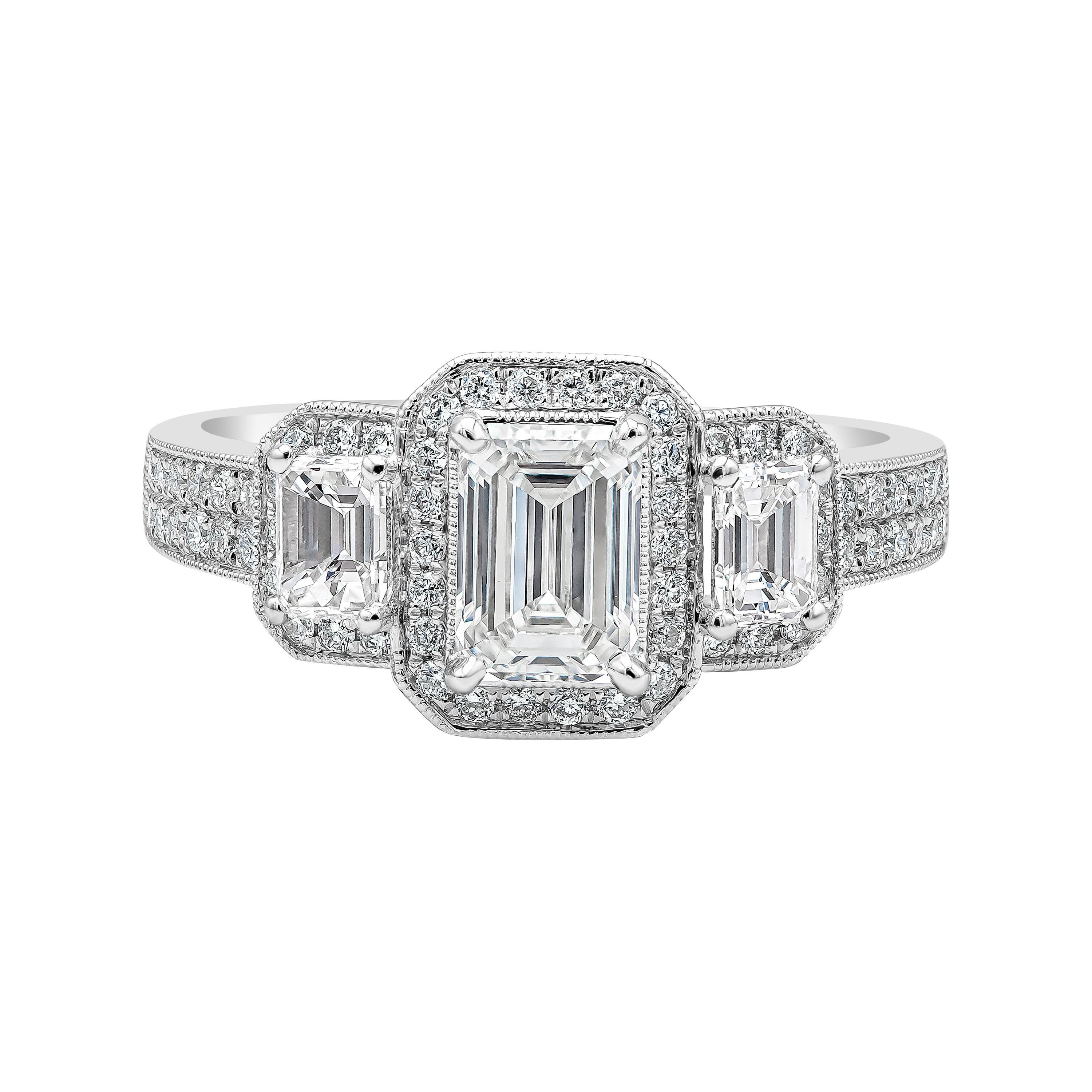 GIA Certified 0.75 Carats Emerald Cut Diamond Three-Stone Halo Engagement Ring For Sale