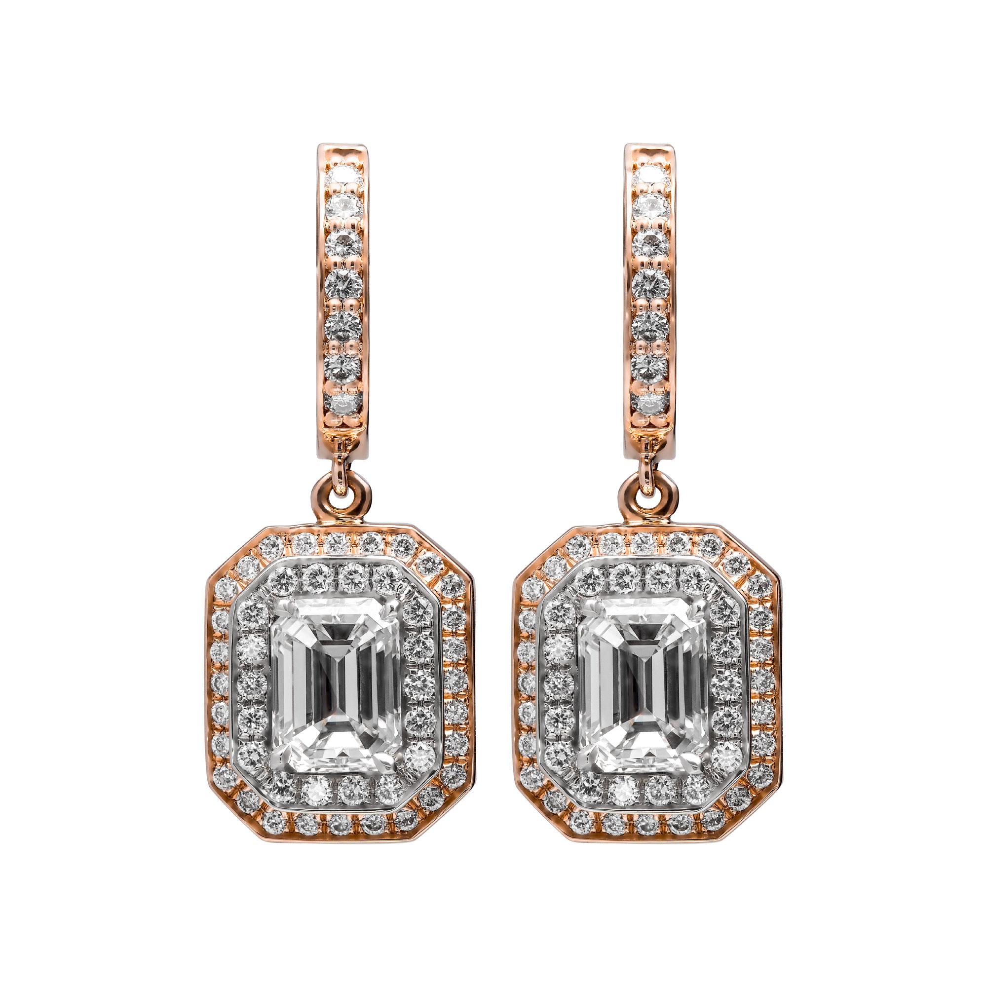 Classic, bold and elegant, these earrings will go great with evening attire or for every day wear
Mounted in 14K Rose and 14K White gold, these earrings featuring exceptional pave work , encrusted with almost 1.79ct of white full brilliant cut