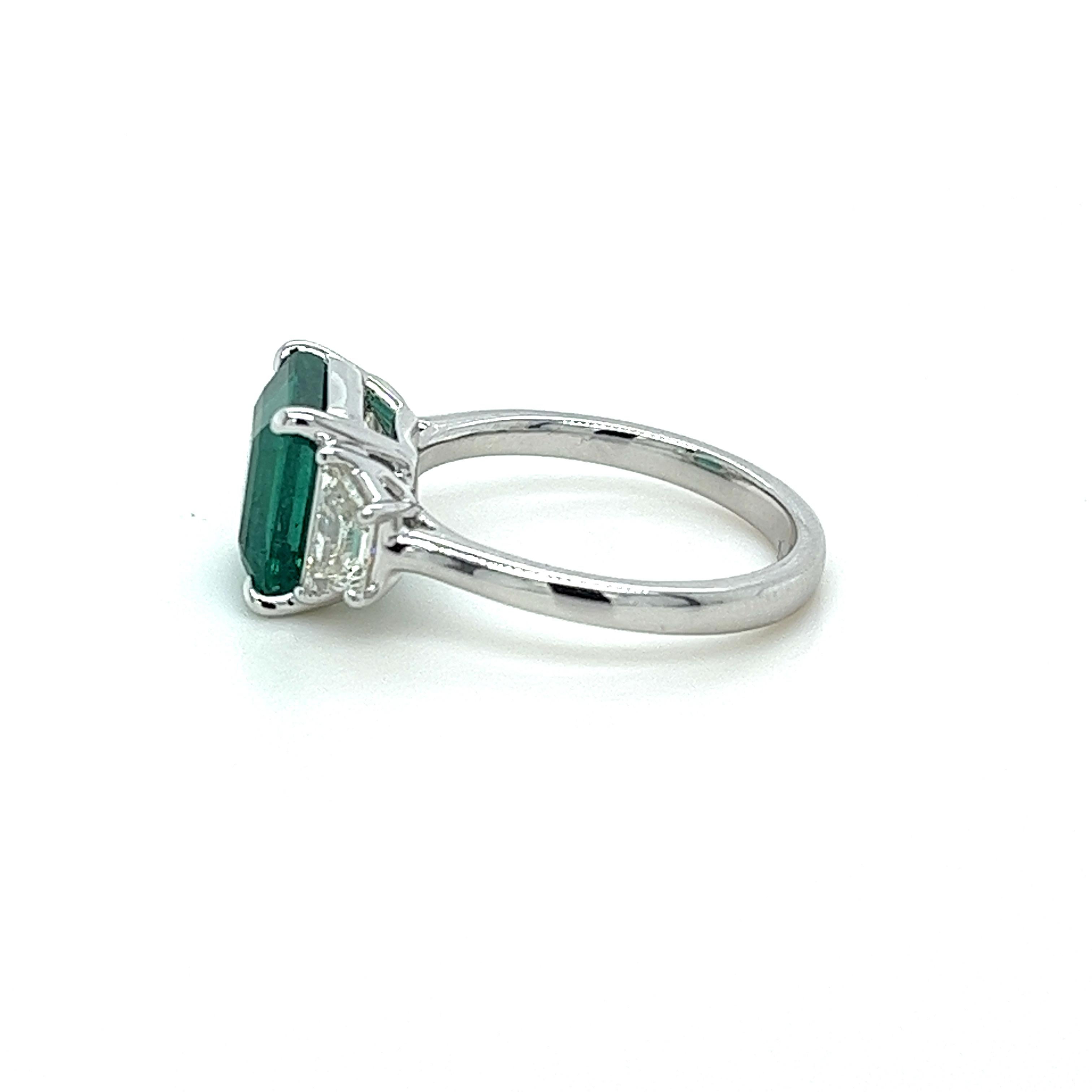 Modern GIA Certified Emerald Cut Emerald & Diamond Ring in Platinum 3.66 Carats For Sale