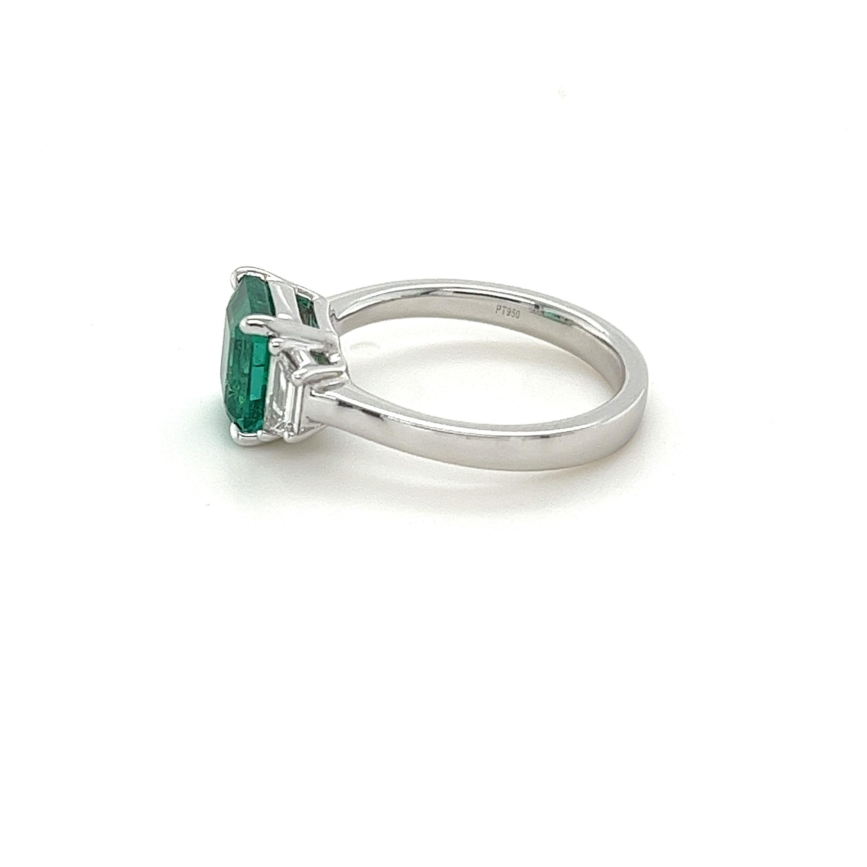 Modern GIA Certified Emerald Cut Emerald & Diamond Three Stone Ring in Platinum