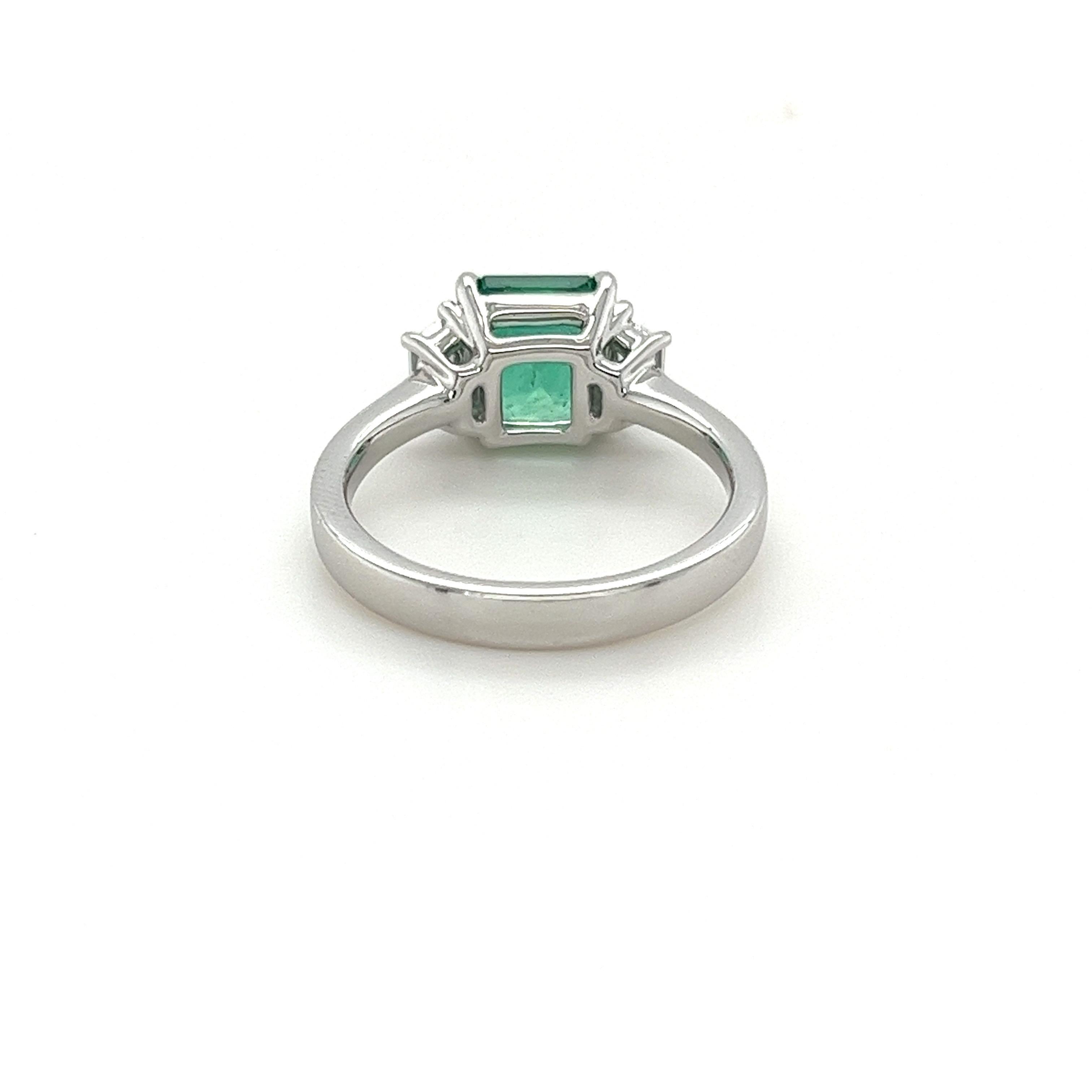 GIA Certified Emerald Cut Emerald & Diamond Three Stone Ring in Platinum In New Condition In Great Neck, NY