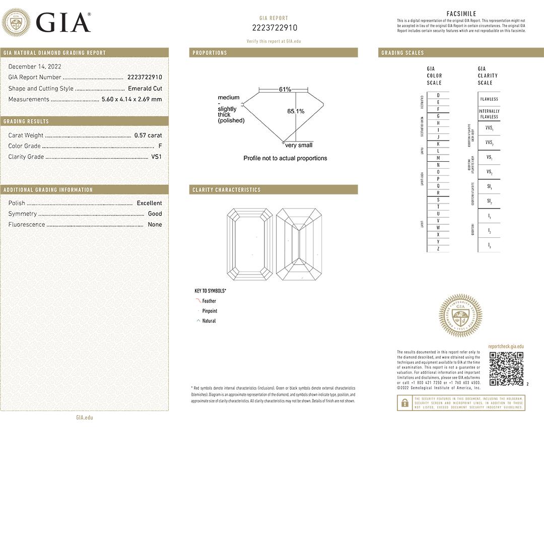 Women's or Men's GIA Certified Emerald Cut Loose Diamond 0.57ct For Sale