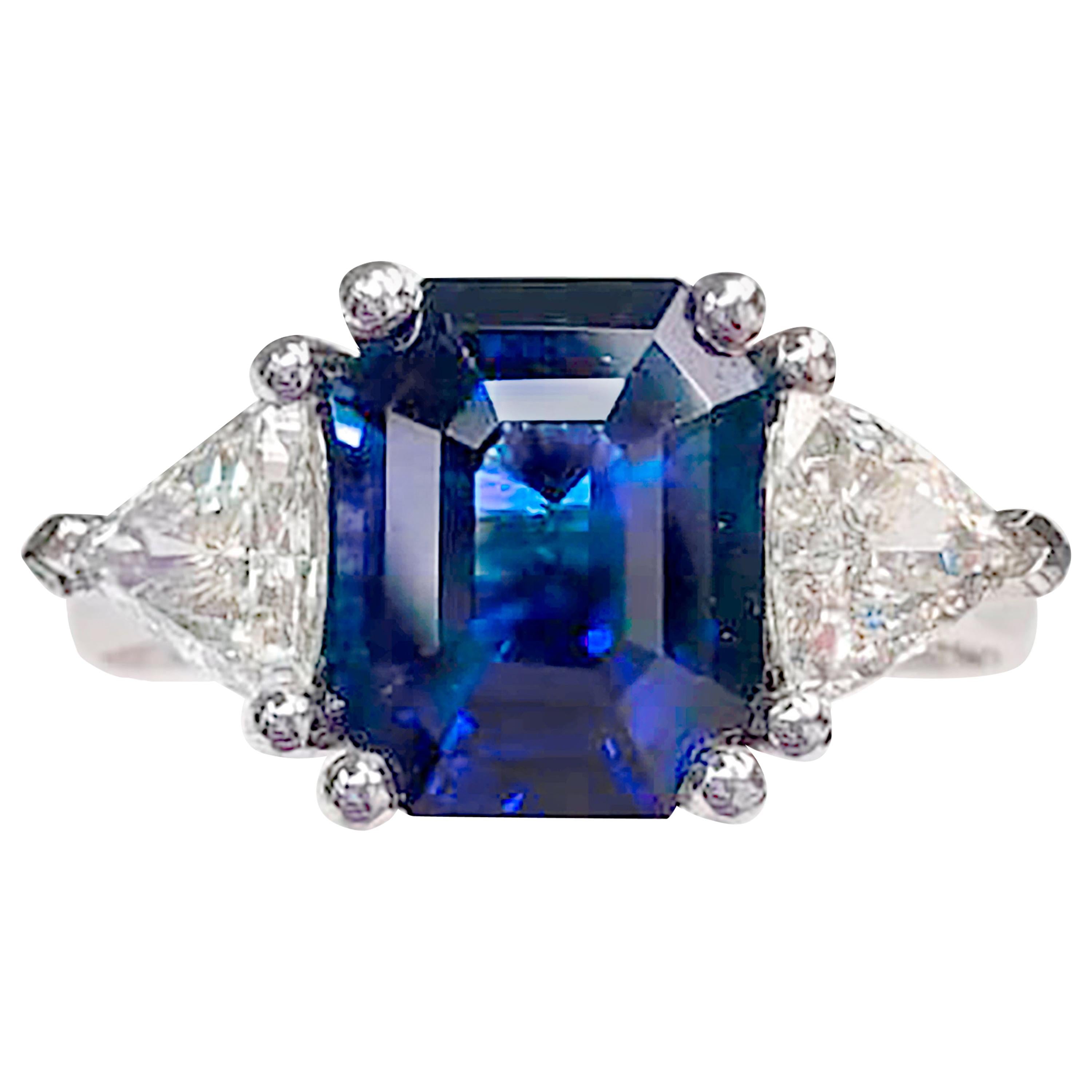 GIA Certified Emerald Cut Sapphire and Diamond 3-Stone Platinum Ring