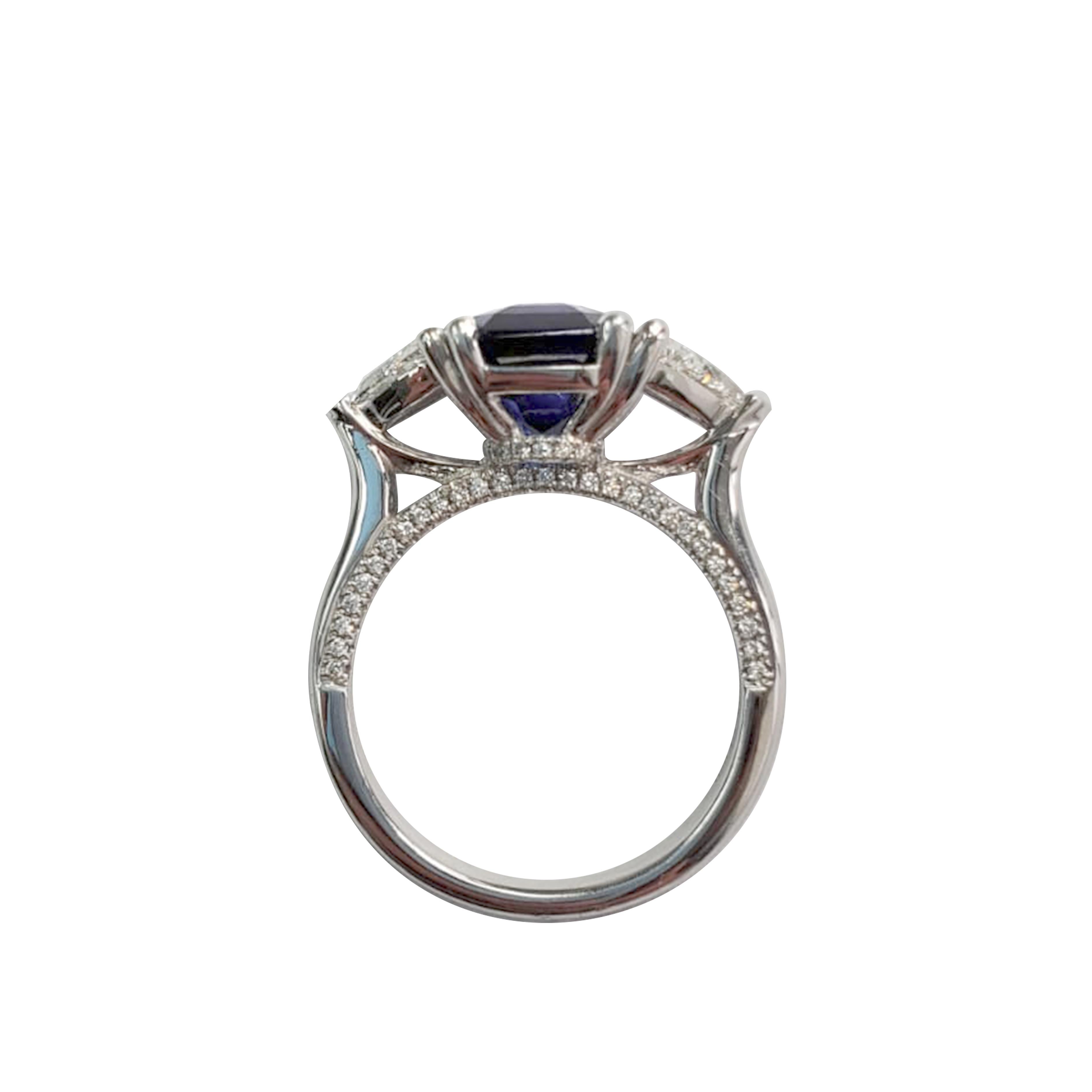 GIA Certified Emerald Cut Sapphire and Diamond 3-Stone Platinum Ring In New Condition In Great Neck, NY