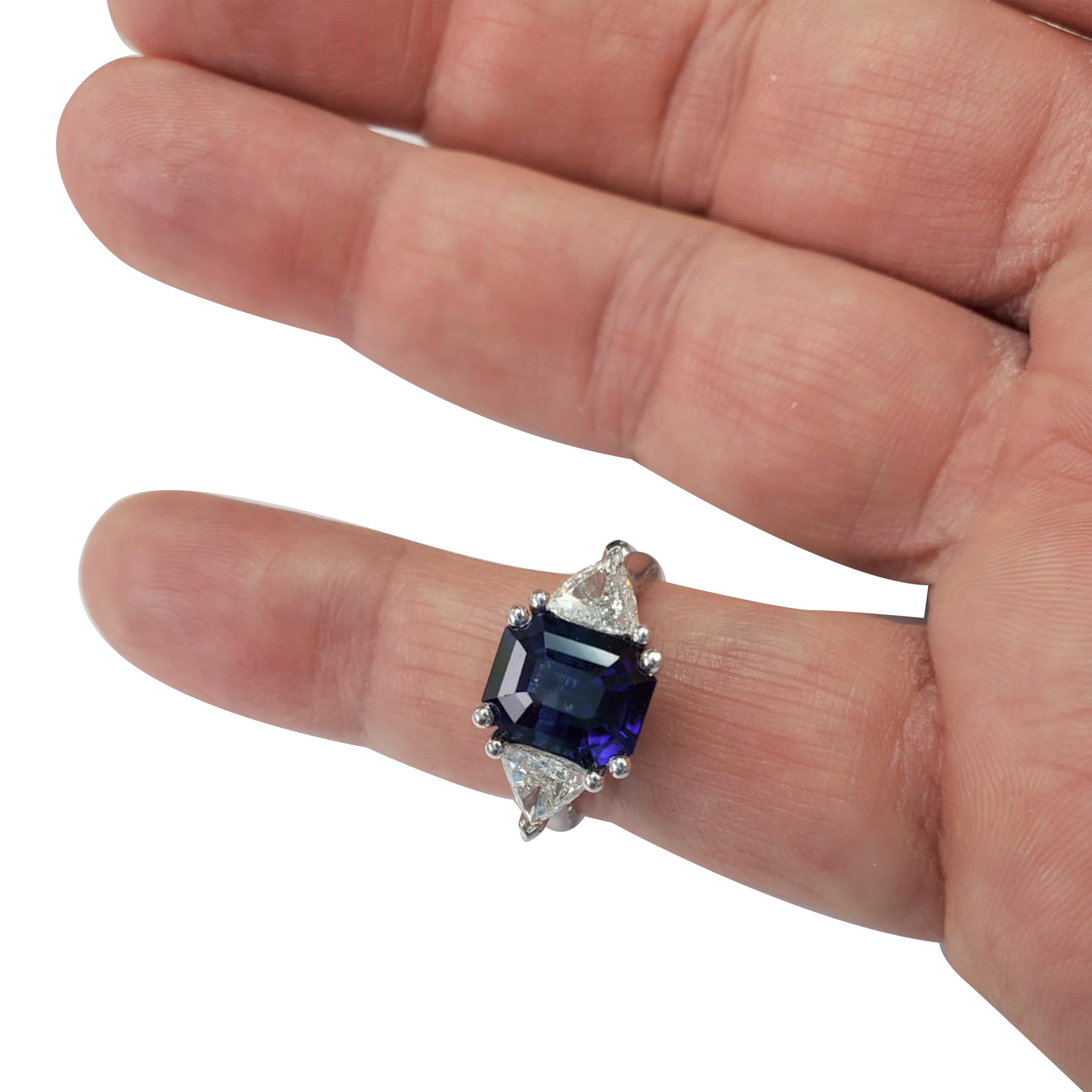 Women's GIA Certified Emerald Cut Sapphire and Diamond 3-Stone Platinum Ring