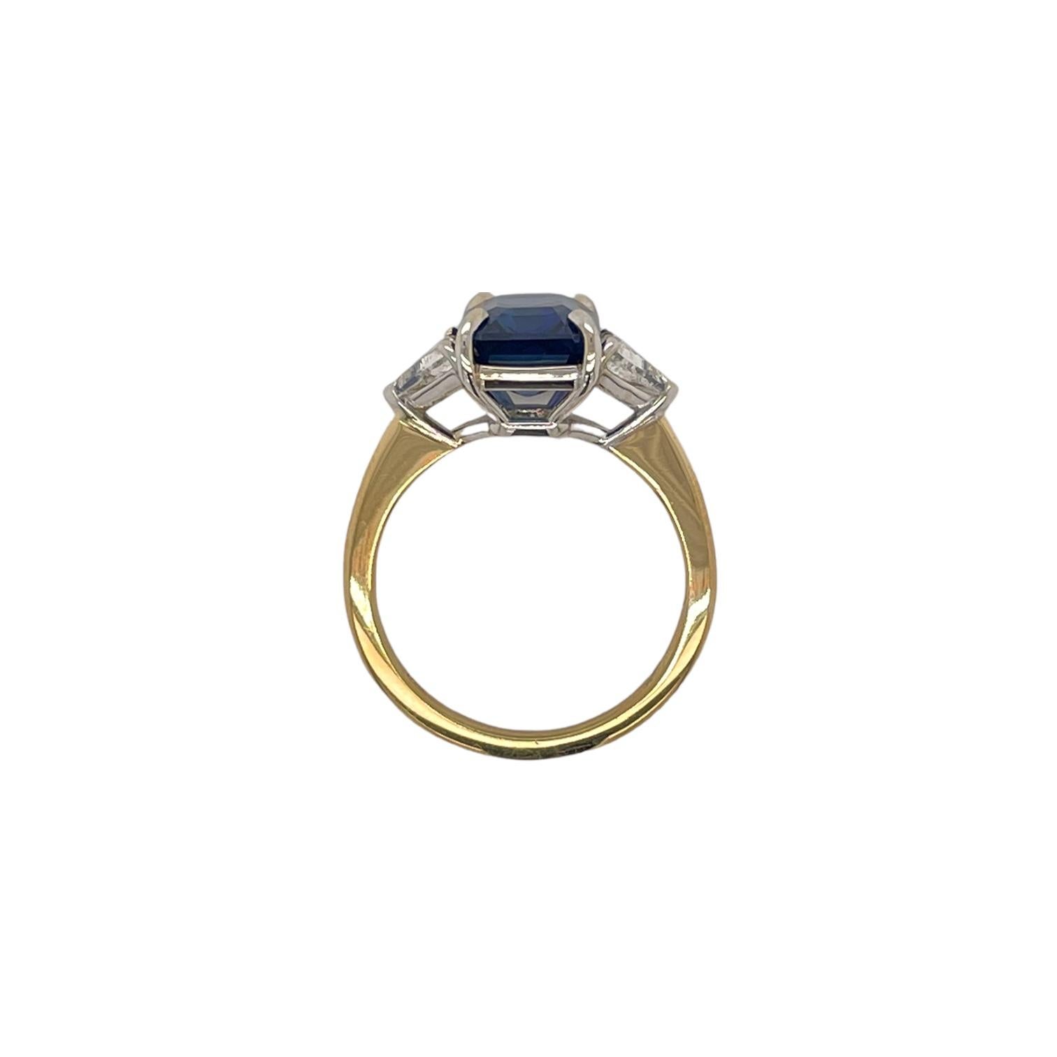 GIA Certified Emerald Cut Sapphire & Diamond Three Stone Ring in 18K Gold In New Condition For Sale In New York, NY