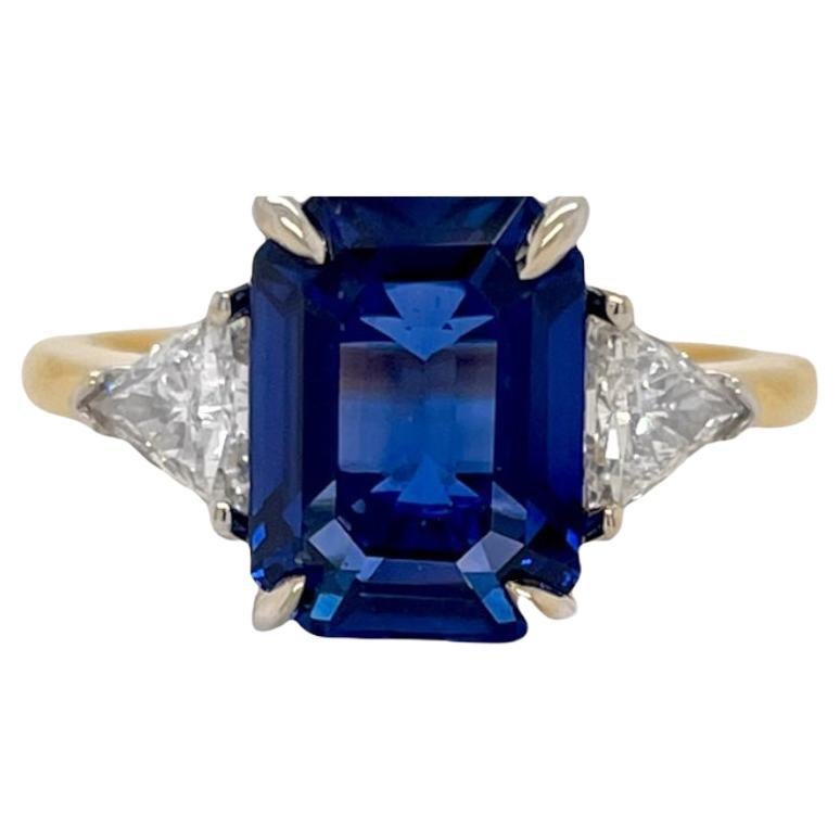 GIA Certified Emerald Cut Sapphire & Diamond Three Stone Ring in 18K Gold