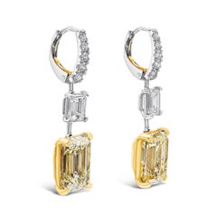 GIA Certified 11.73 Carats Total Emerald Cut Yellow & White Diamond Earrings
