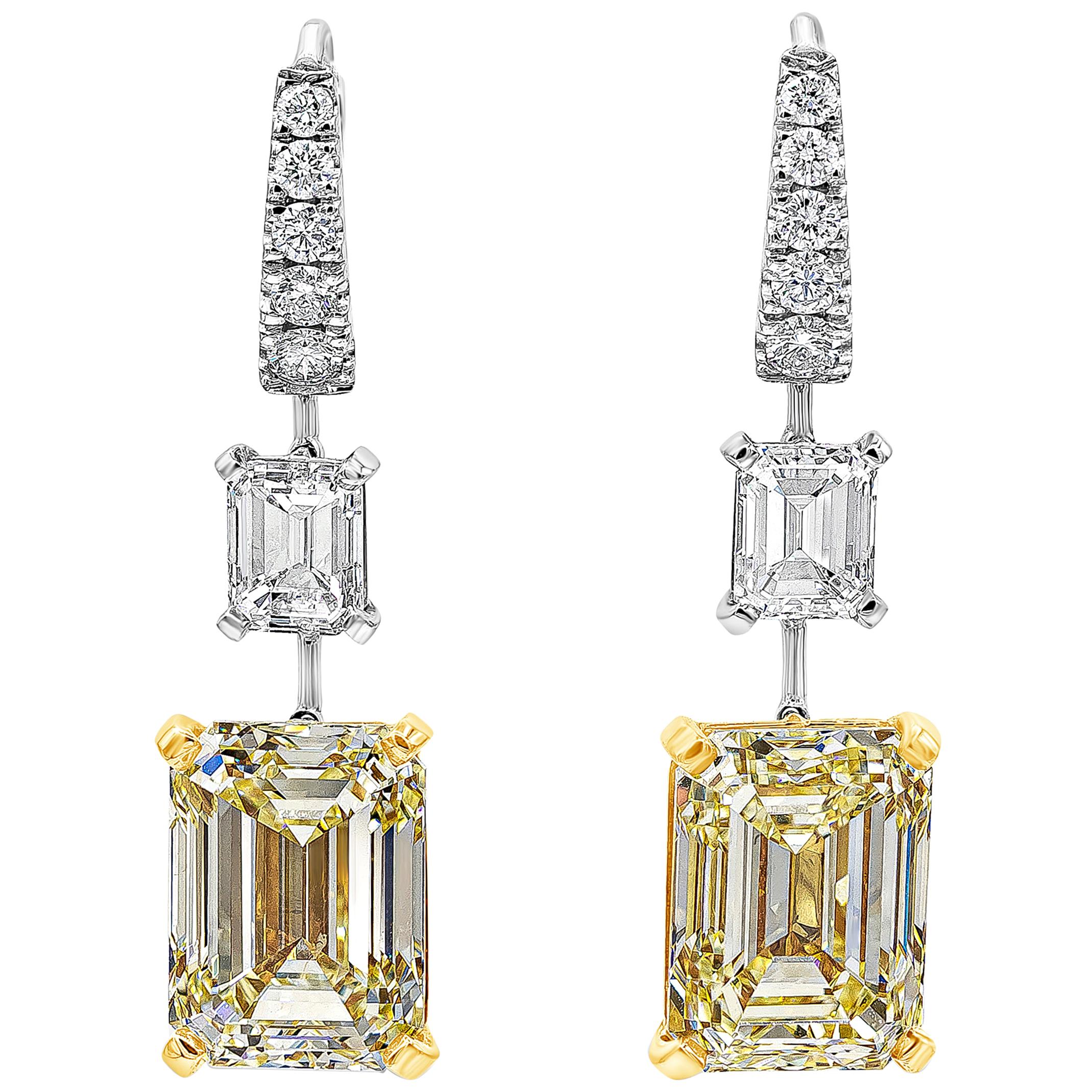 11.73 Carat Emerald Cut Fancy Light Yellow and White Diamond Dangle Earrings For Sale