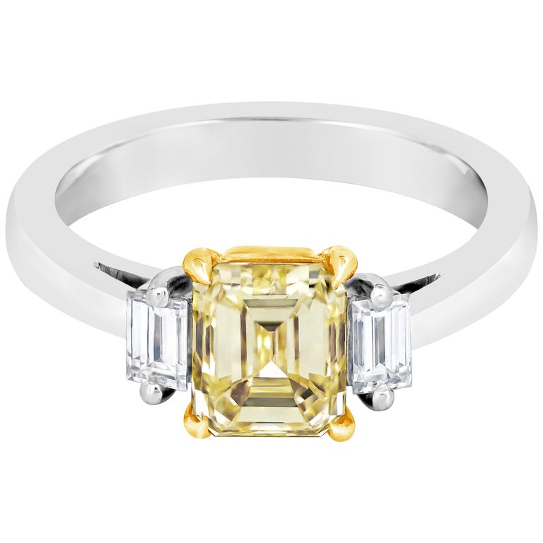 GIA Certified Emerald Cut Yellow Diamond ThreeStone Engagement Ring