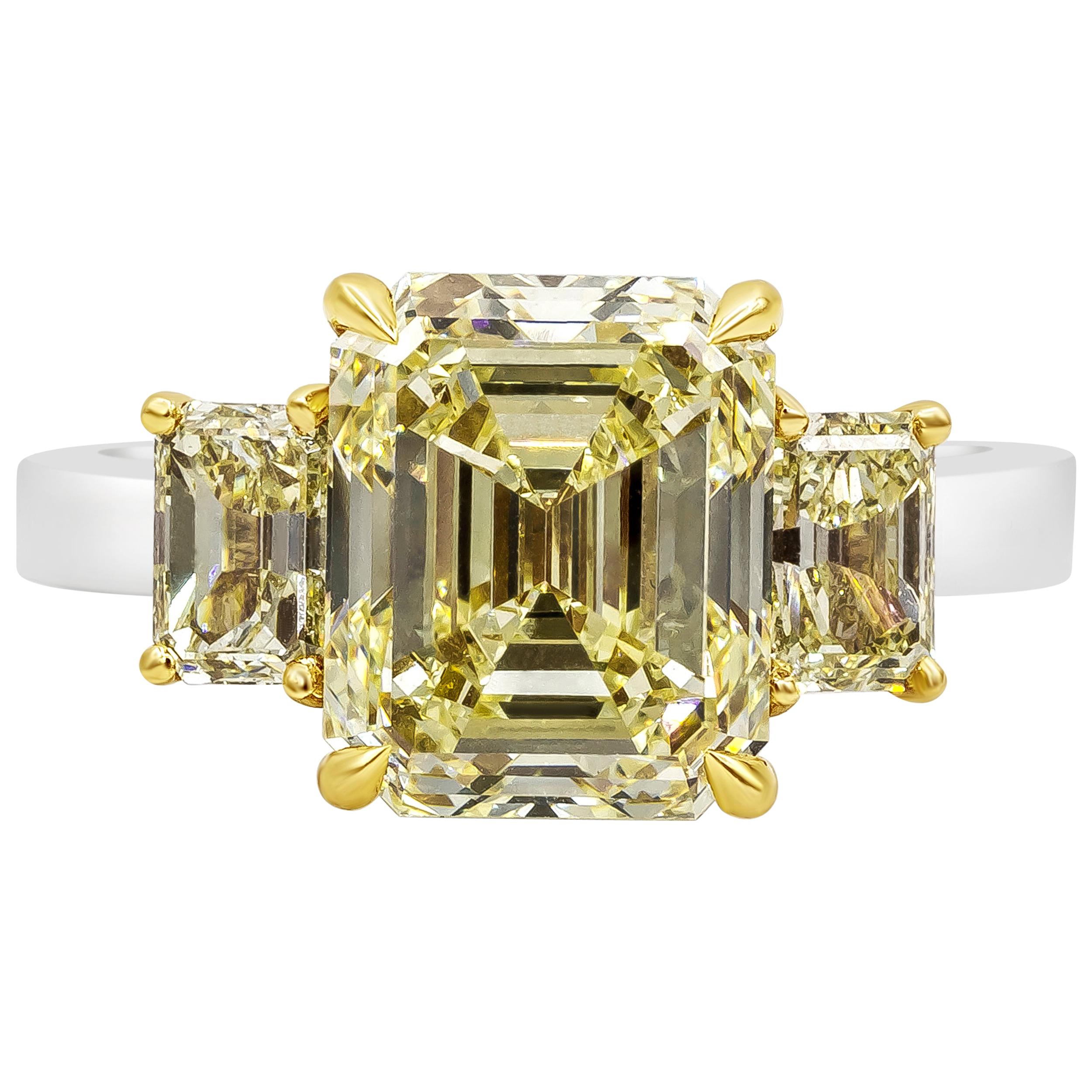 GIA Certified Emerald Cut Yellow Diamond Three-Stone Engagement Ring