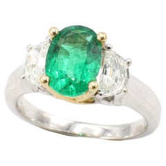 GIA Certified Emerald & Diamond 18 Karat White Gold Engagement Three Stone Ring
