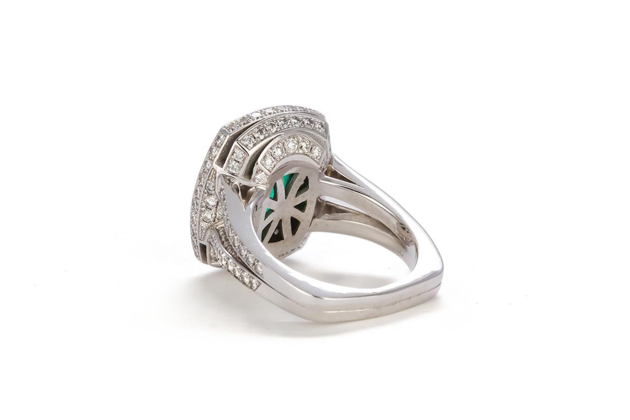 GIA Certified Emerald and Diamond 18 Karat White Gold Cocktail Fashion Ring In Excellent Condition In Tustin, CA