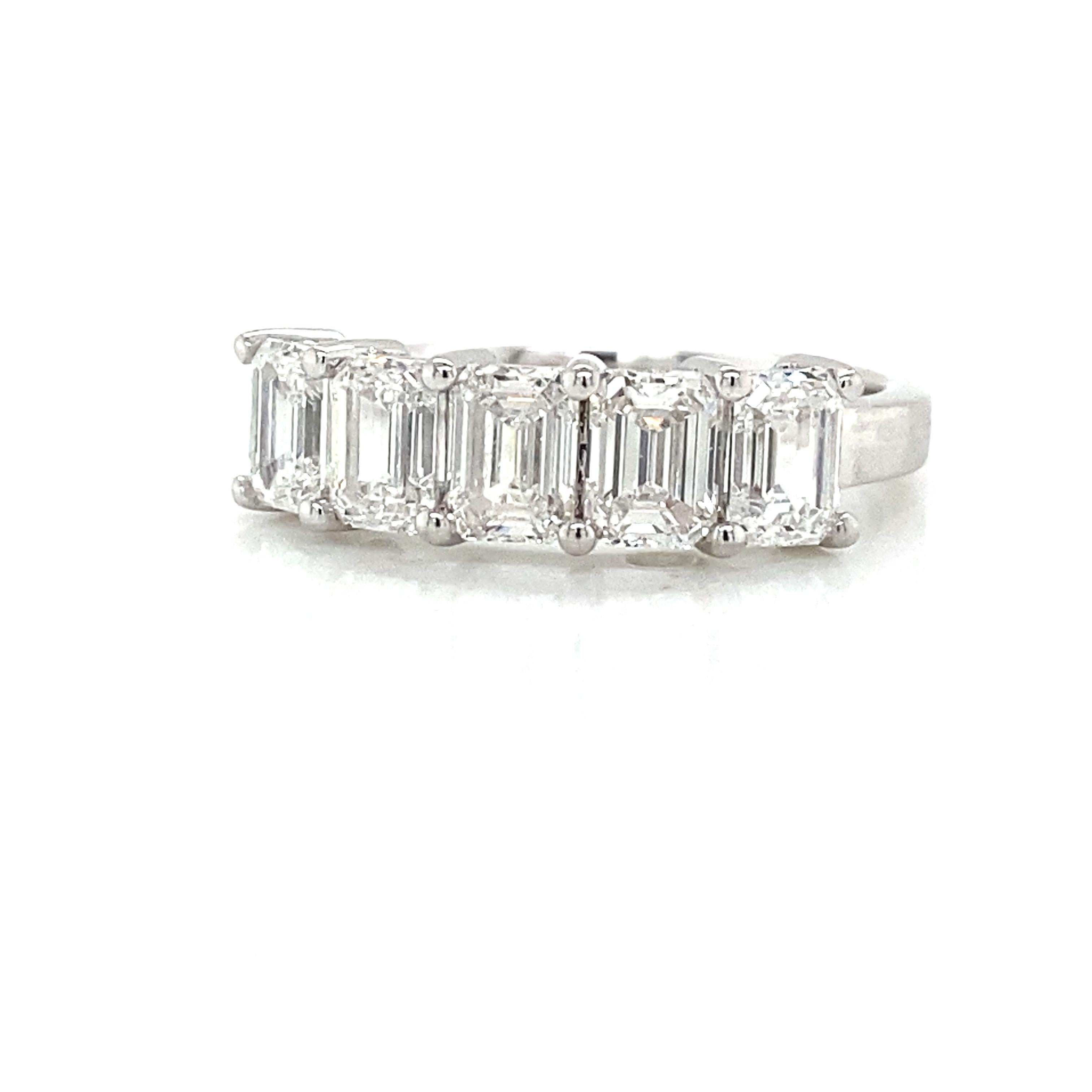 Emerald Cut GIA Certified Emerald Diamond Band Ring in 14k White Gold For Sale