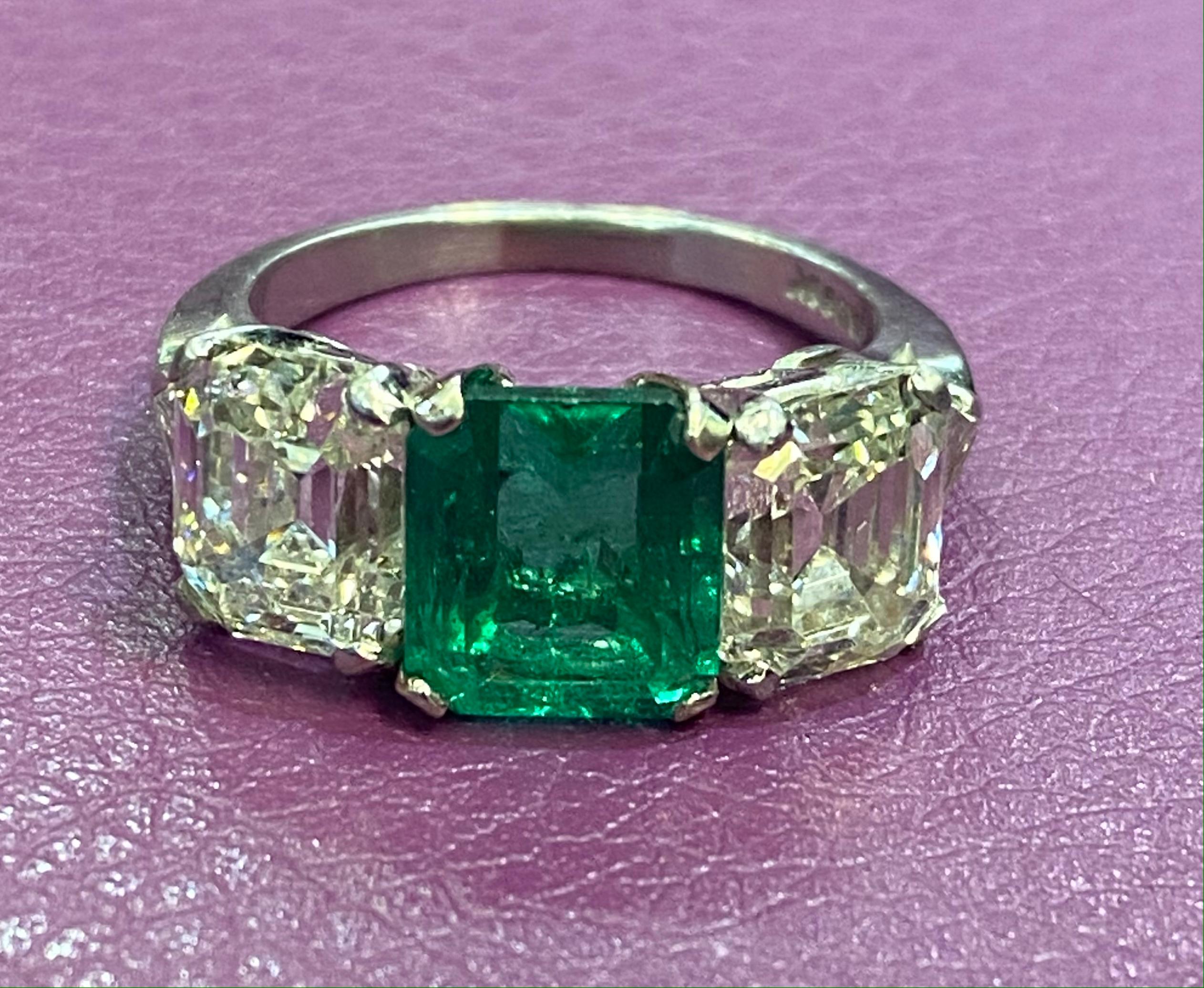 Emerald Cut GIA Certified Emerald & Diamond Three Stone Ring