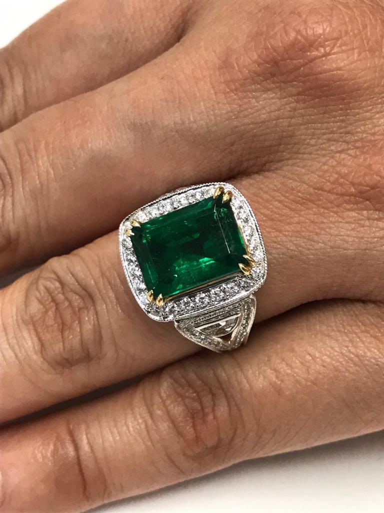 GIA Certified 4.38 Carat Emerald Diamond Two Color Gold Halo Bridal Fashion Ring 4