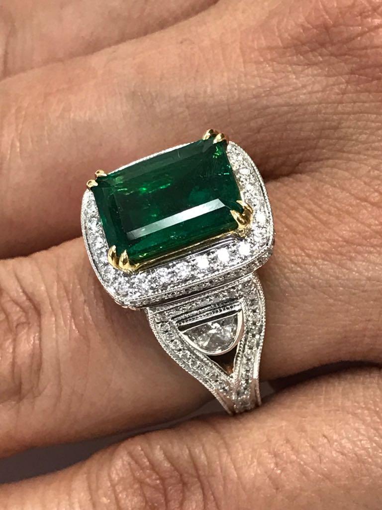 GIA Certified 4.38 Carat Emerald Diamond Two Color Gold Halo Bridal Fashion Ring 5