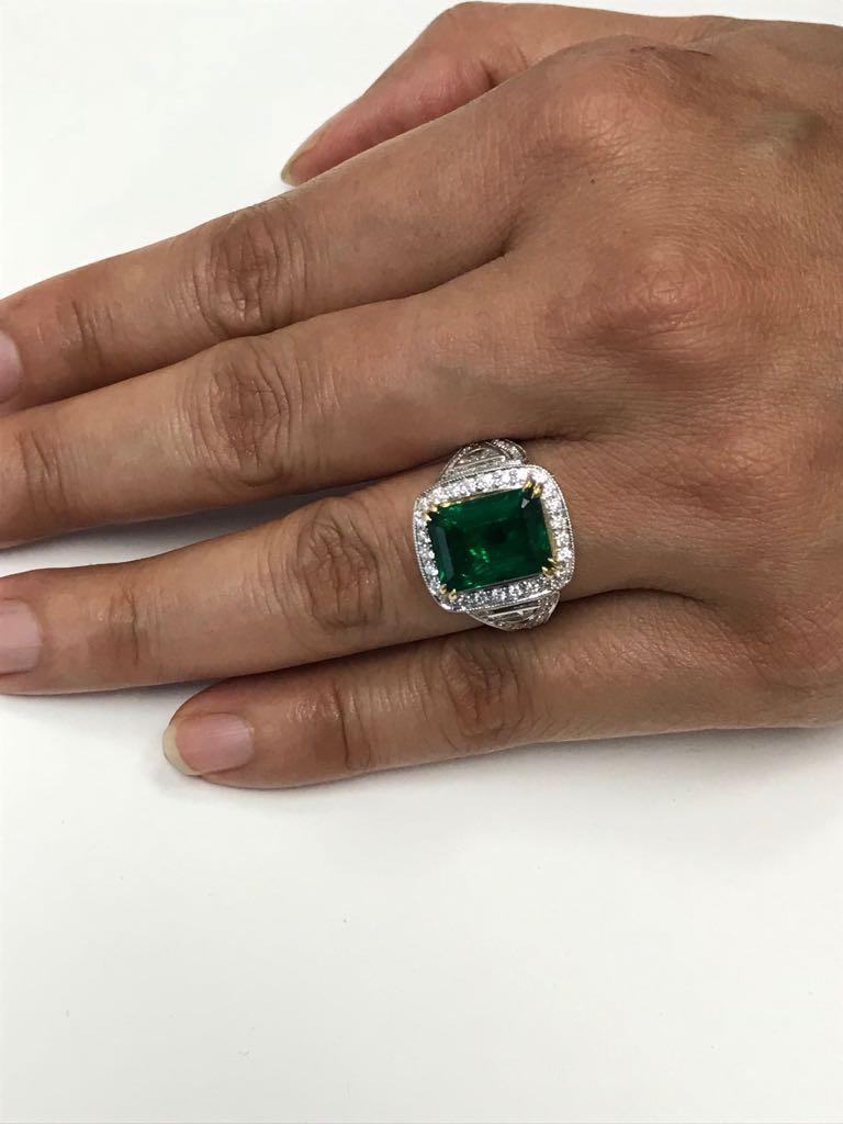 GIA Certified 4.38 Carat Emerald Diamond Two Color Gold Halo Bridal Fashion Ring 1