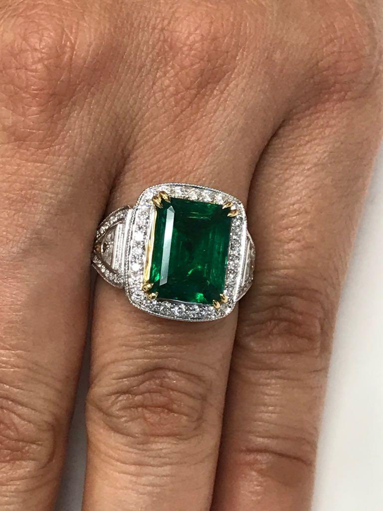 GIA Certified 4.38 Carat Emerald Diamond Two Color Gold Halo Bridal Fashion Ring 2