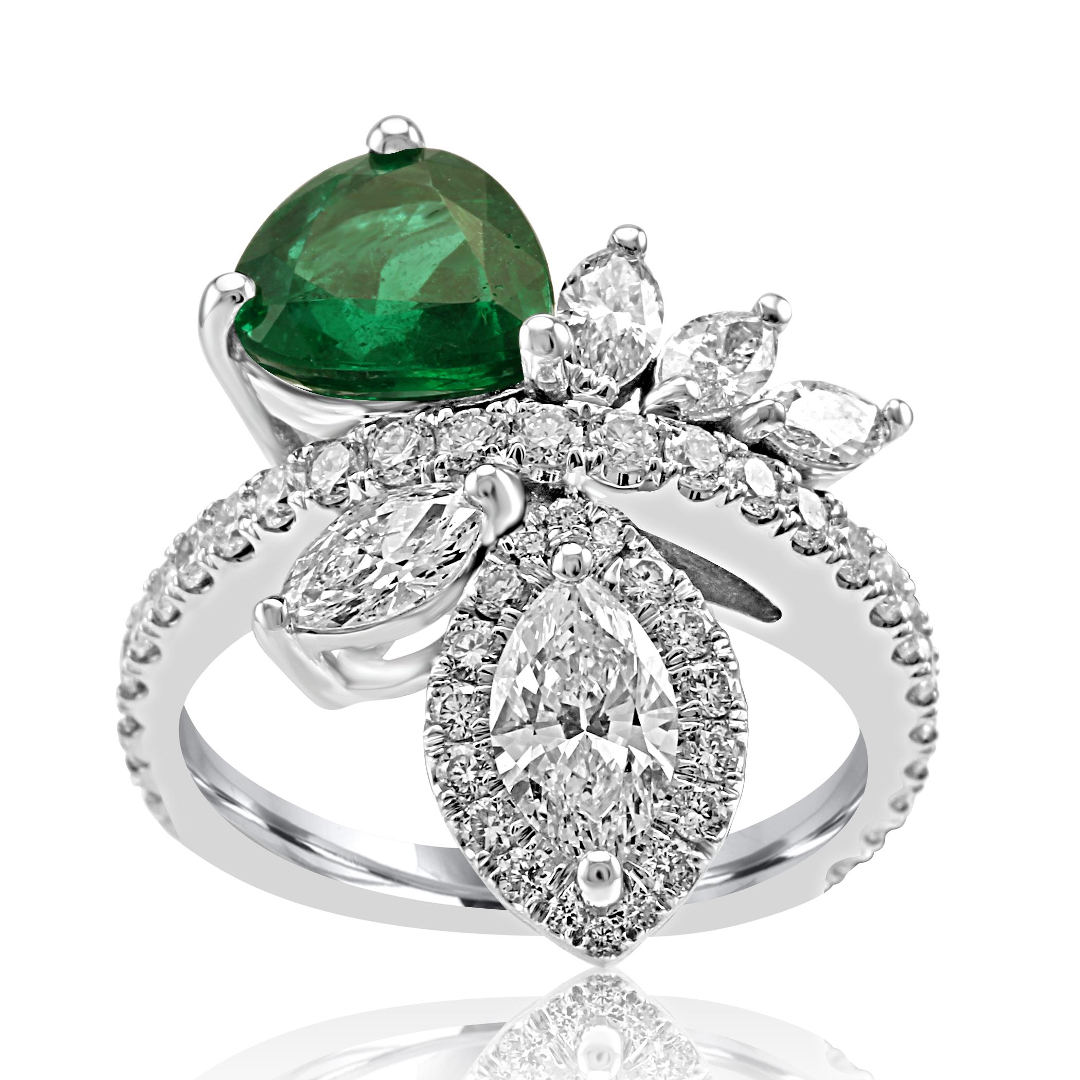 GIA Certified Minor Enhancement 1.72 Carat Gorgeous Emerald Pear Shape Set in White VS-SI Marquise Diamond 1.10 Carat  White VS-SI Diamond Round 0.75 Carat in one of a kind Handmade Flower Fashion Cocktail 18K White Gold Ring.

Emerald Pear 1.72