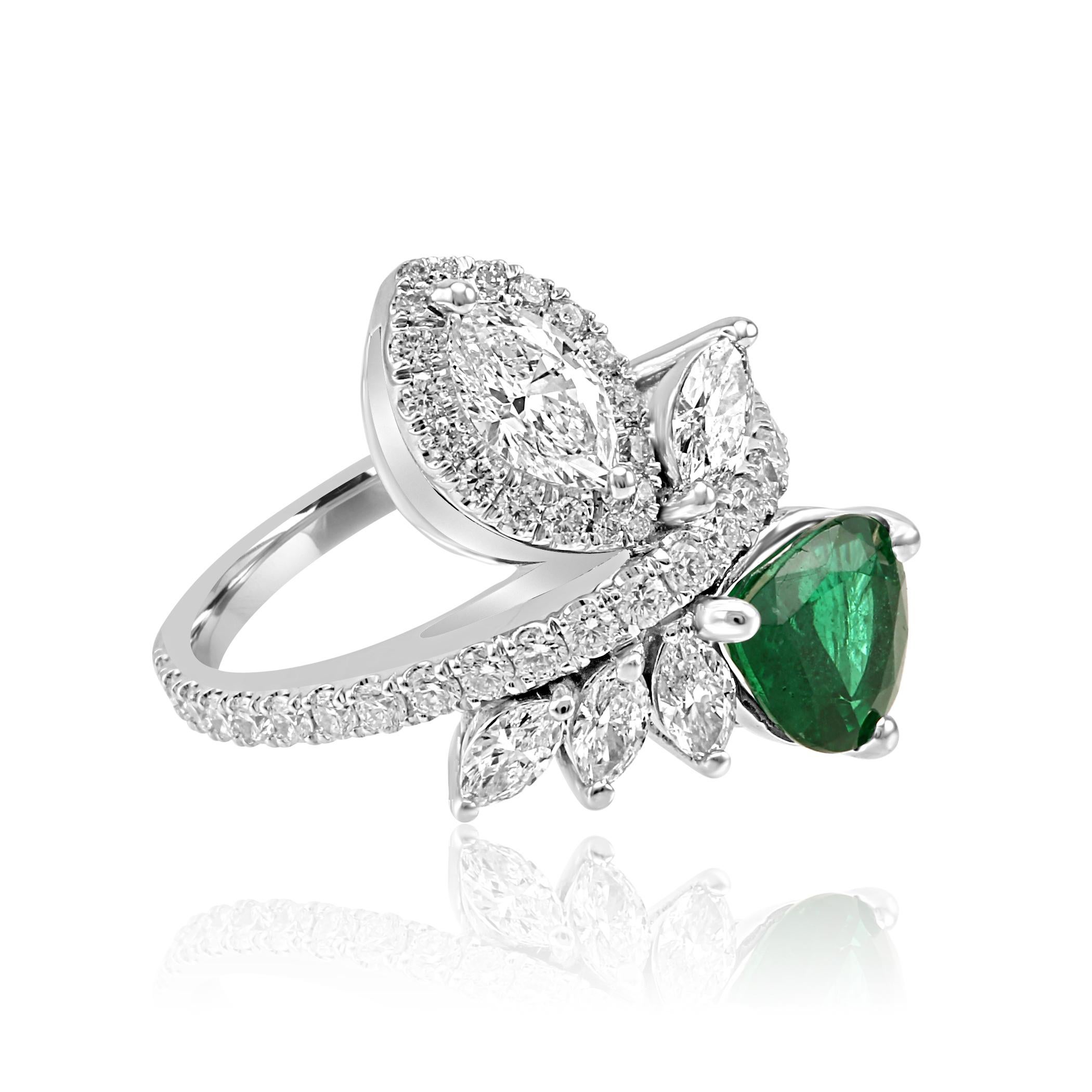 Contemporary GIA Certified Emerald Pear White Diamond Fashion Cocktail Flower Gold Ring