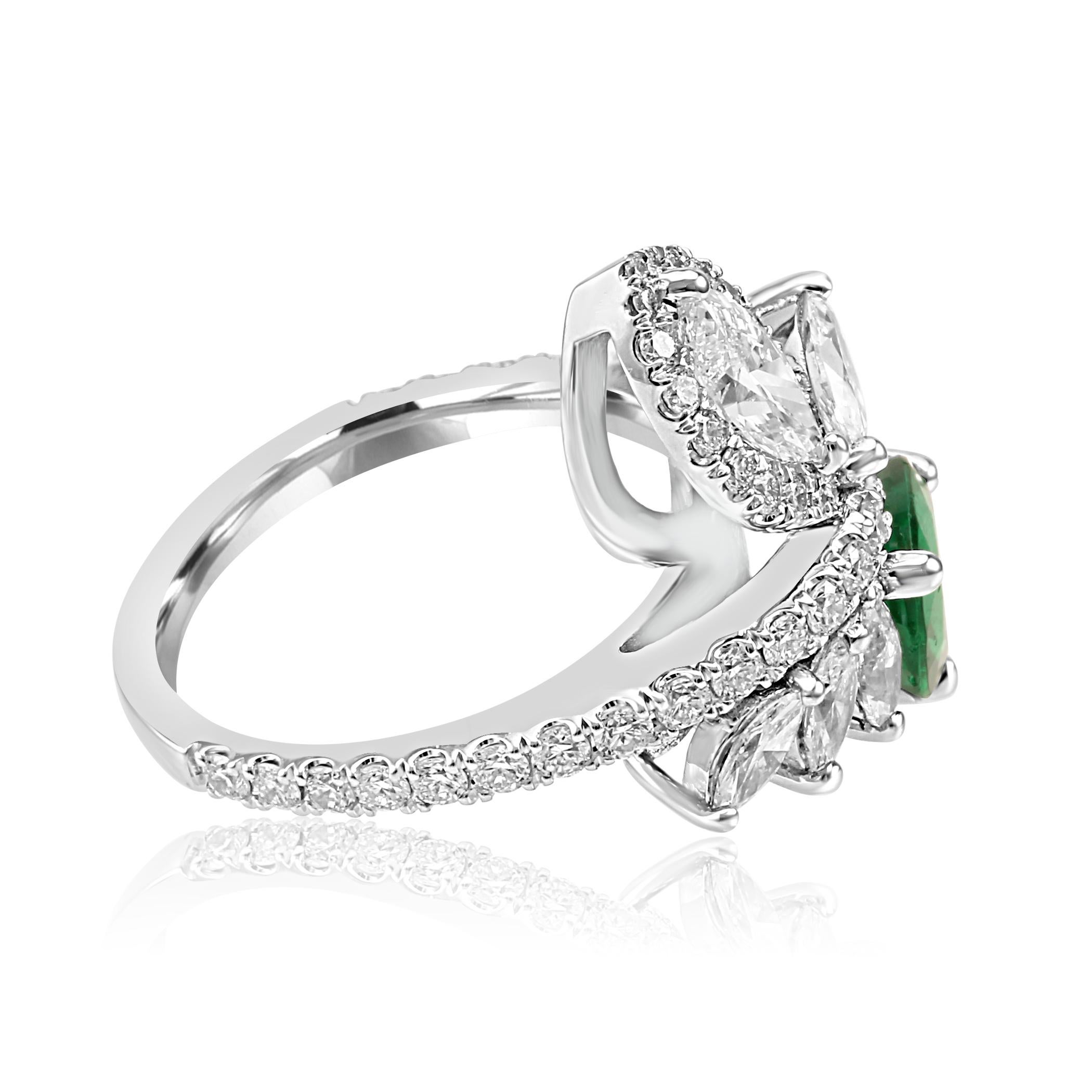 Pear Cut GIA Certified Emerald Pear White Diamond Fashion Cocktail Flower Gold Ring