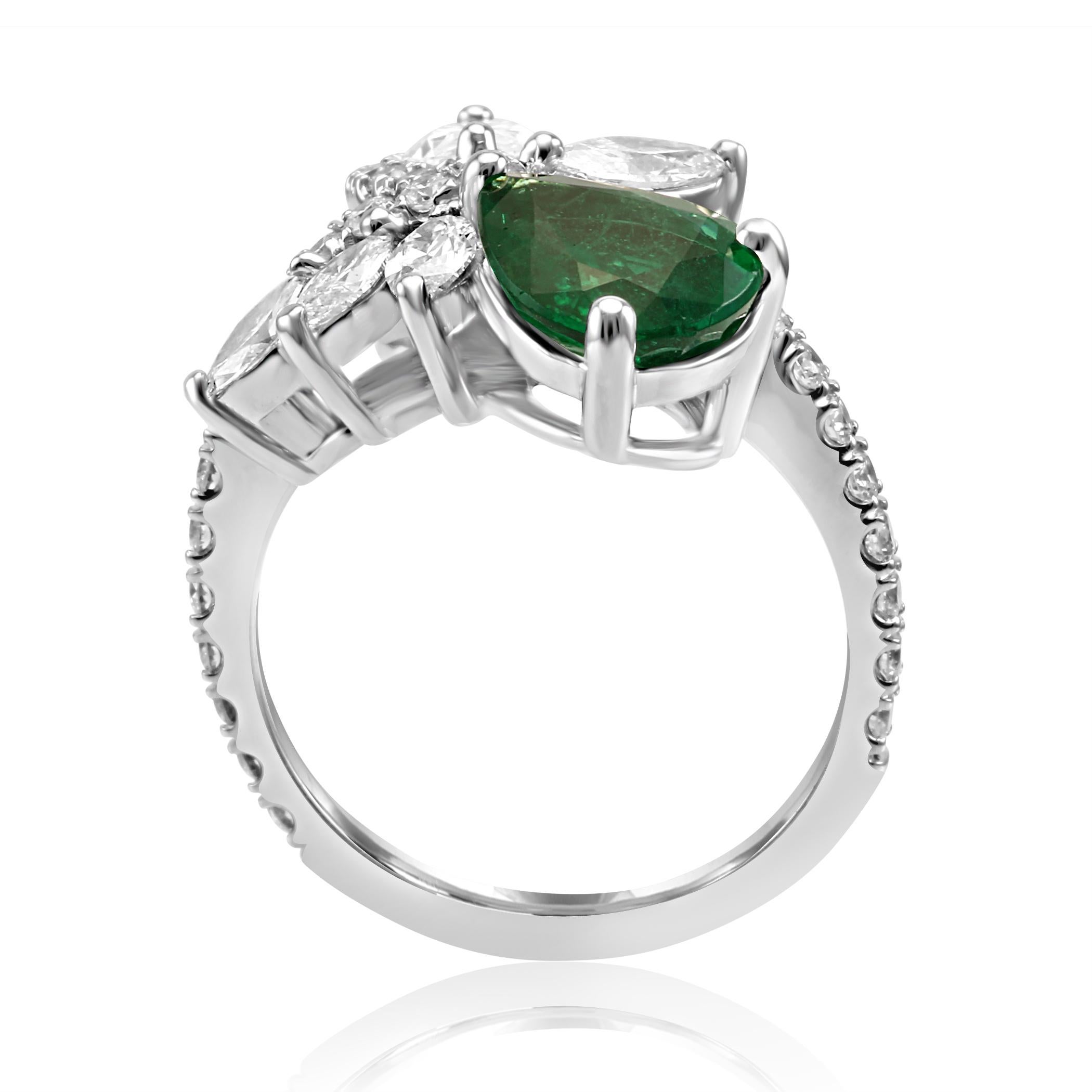 GIA Certified Emerald Pear White Diamond Fashion Cocktail Flower Gold Ring In New Condition In NEW YORK, NY