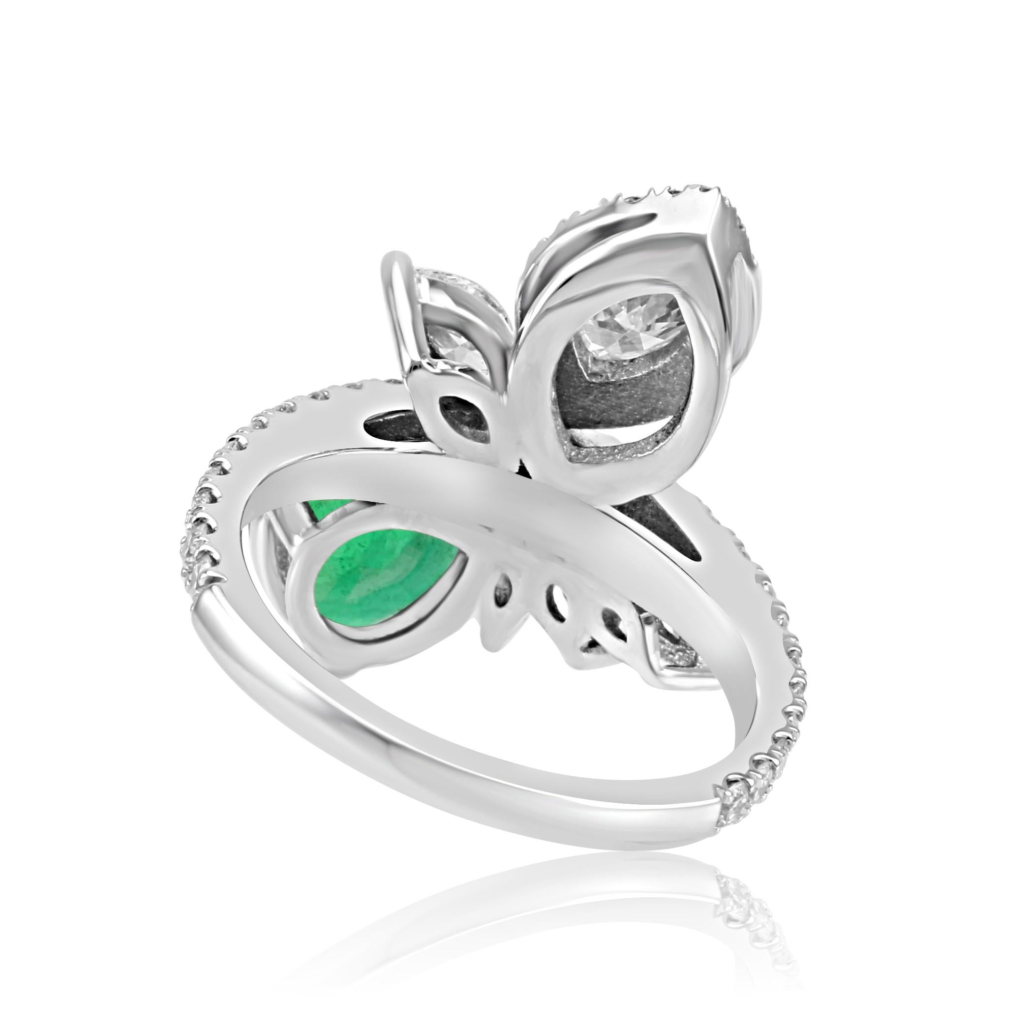 Women's or Men's GIA Certified Emerald Pear White Diamond Fashion Cocktail Flower Gold Ring