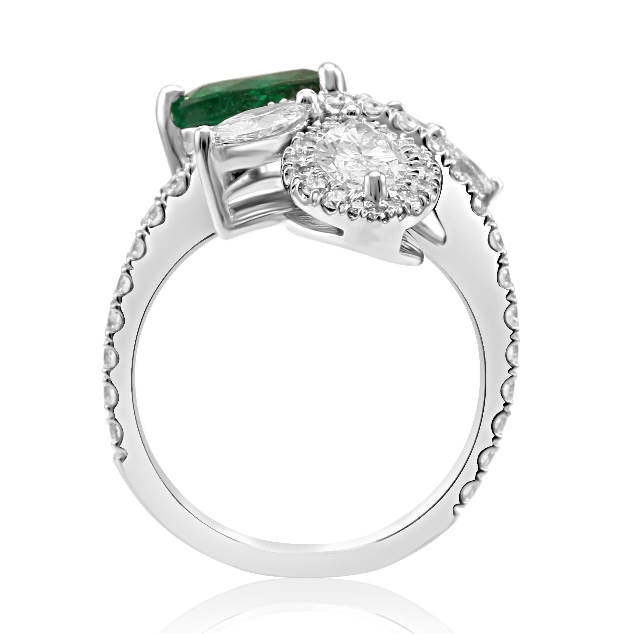 GIA Certified Emerald Pear White Diamond Fashion Cocktail Flower Gold Ring 1