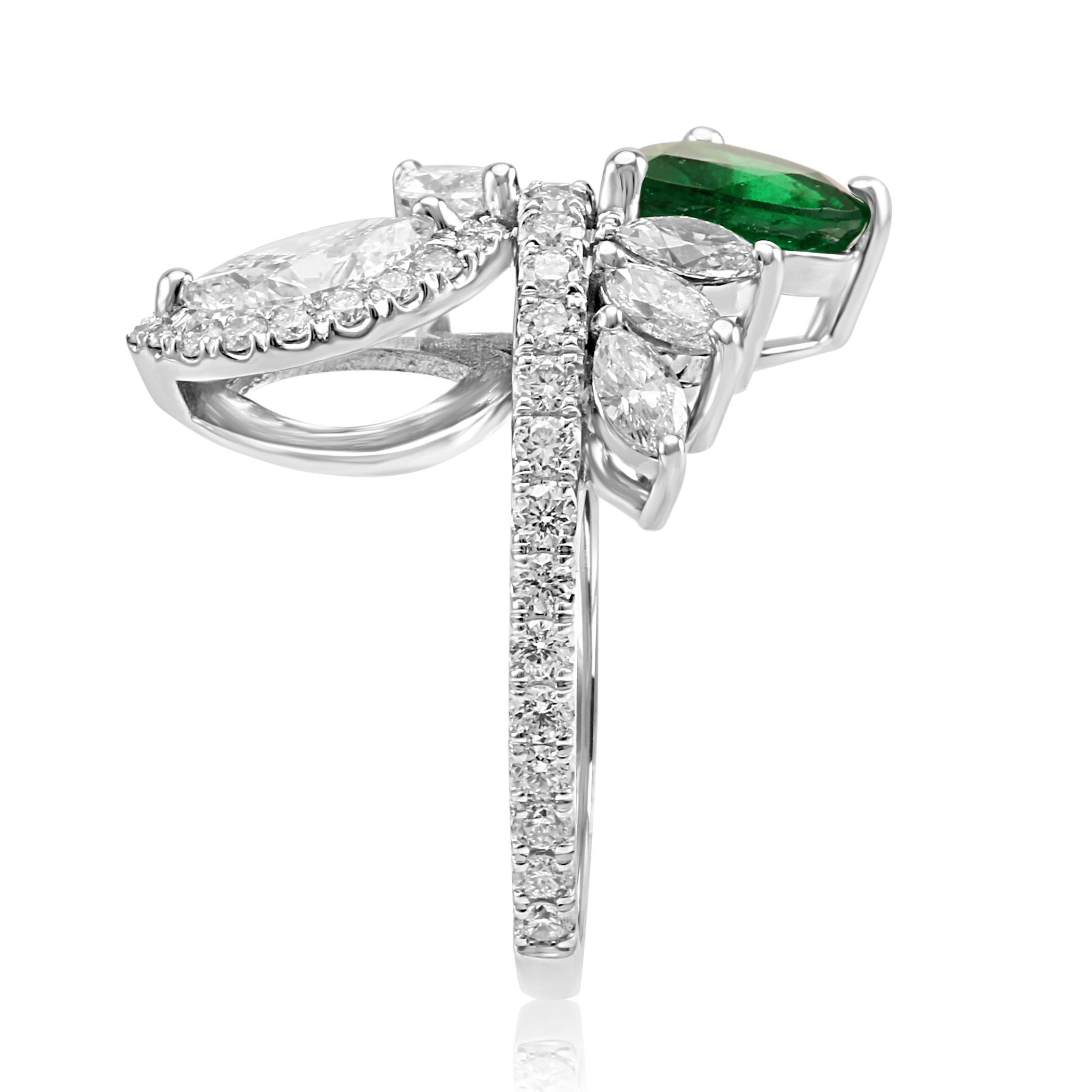 GIA Certified Emerald Pear White Diamond Fashion Cocktail Flower Gold Ring 2
