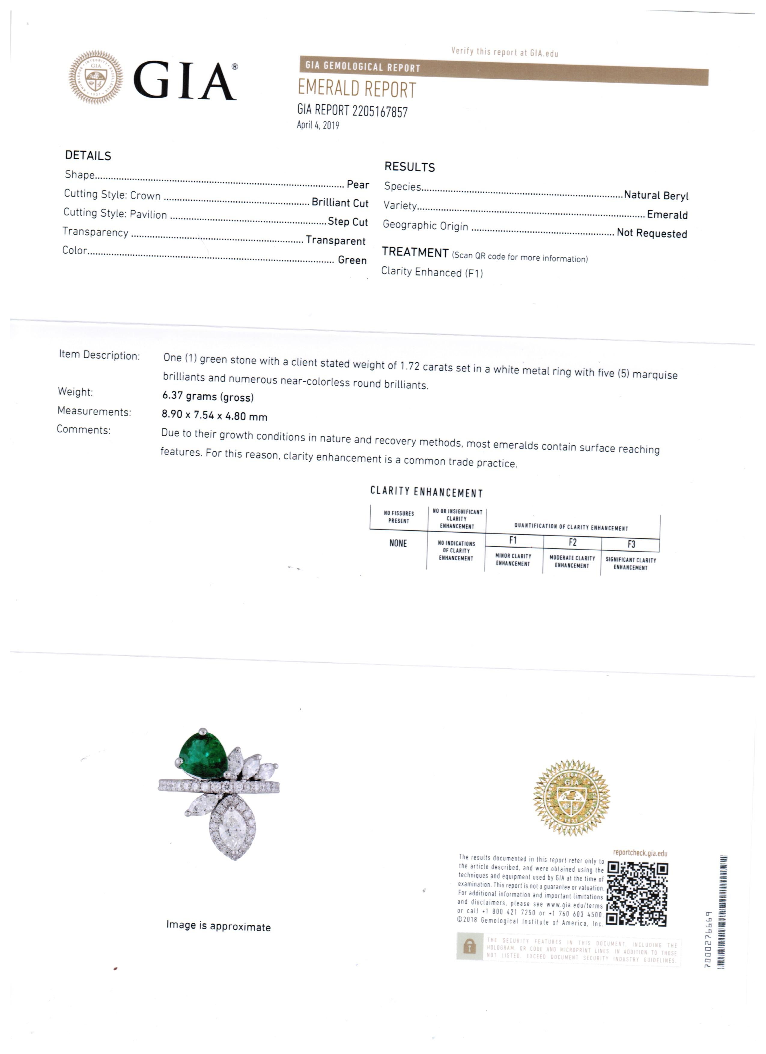 GIA Certified Emerald Pear White Diamond Fashion Cocktail Flower Gold Ring 3