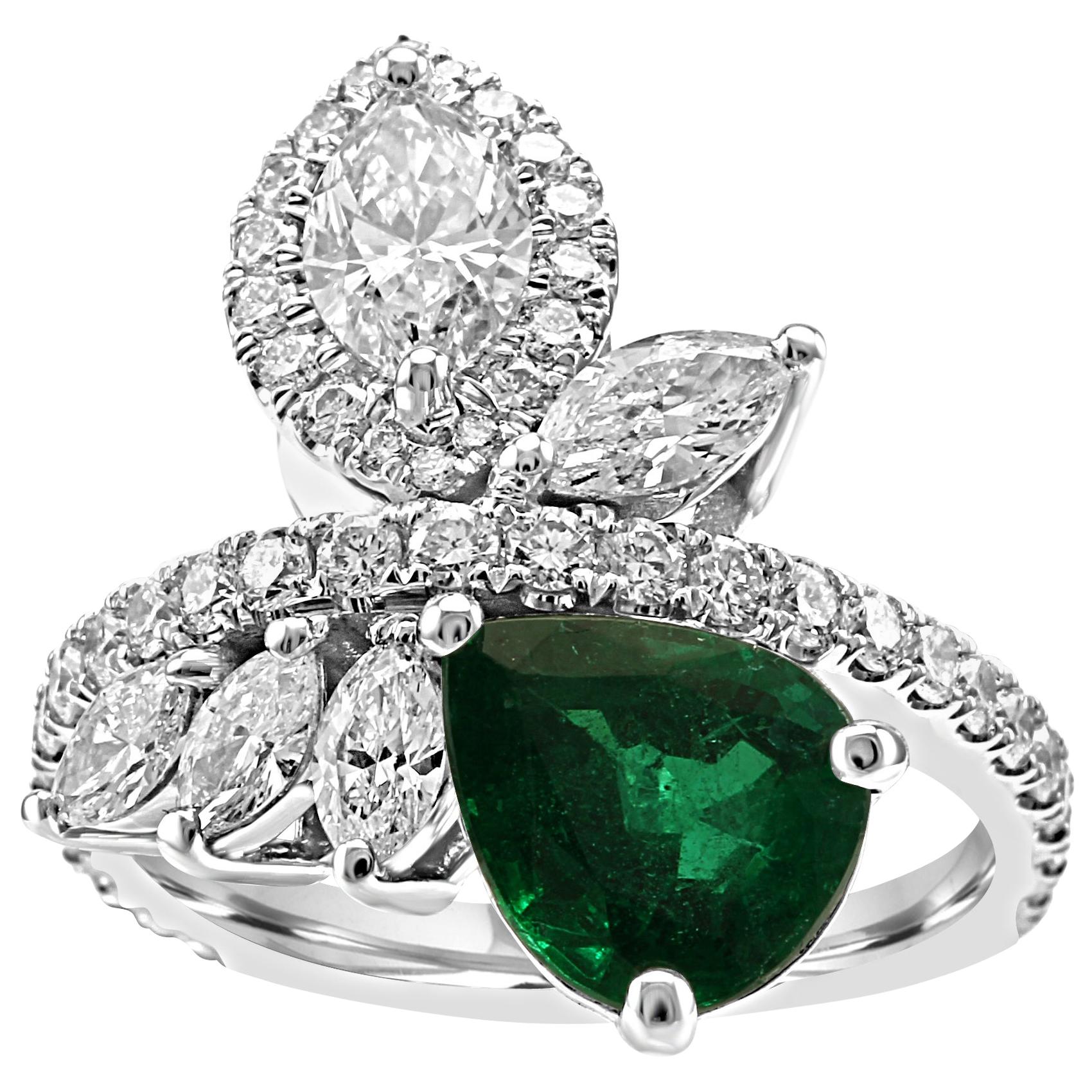 GIA Certified Emerald Pear White Diamond Fashion Cocktail Flower Gold Ring
