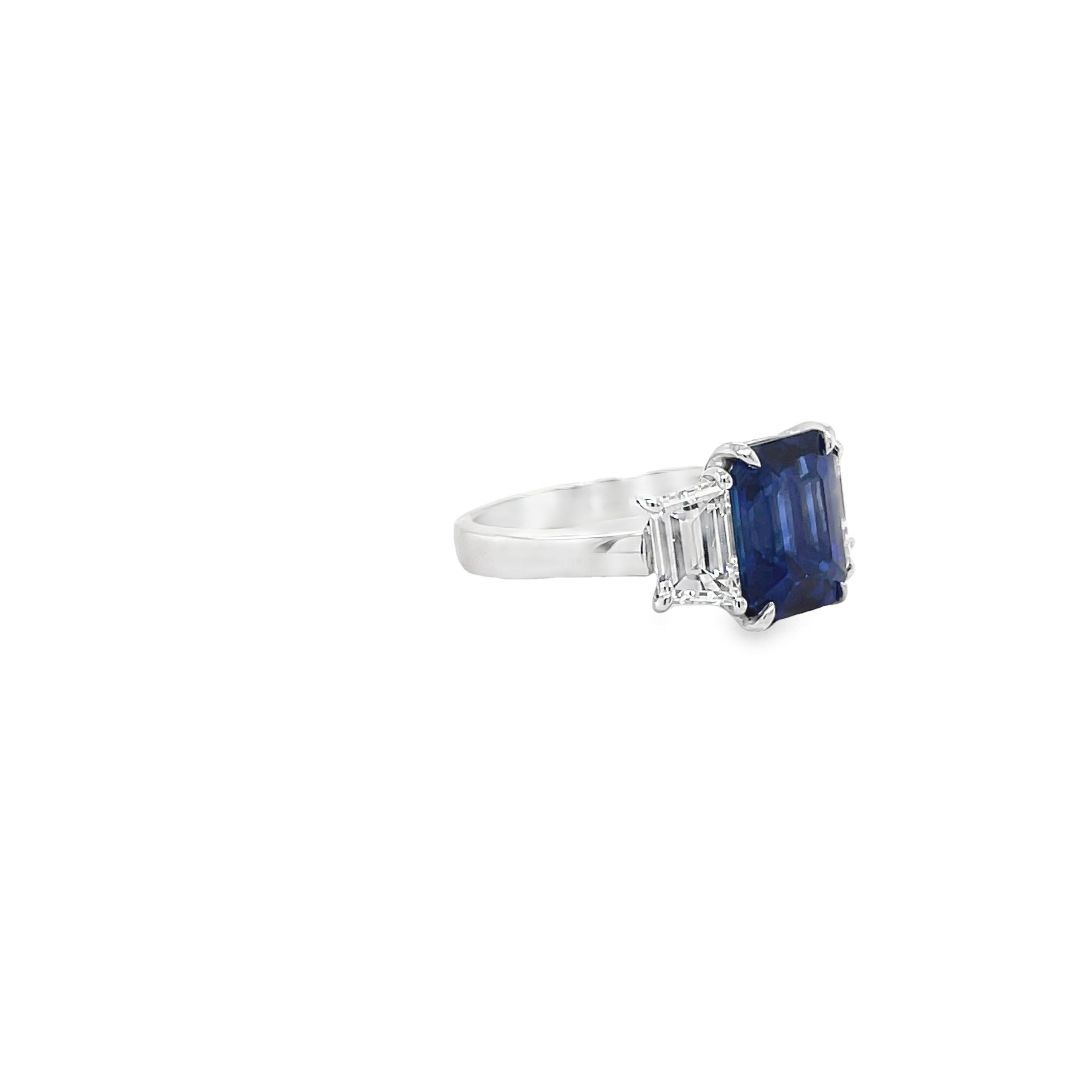 Contemporary GIA Certified Emerald Sapphire & Diamond Three Stone Ring in Platinum For Sale