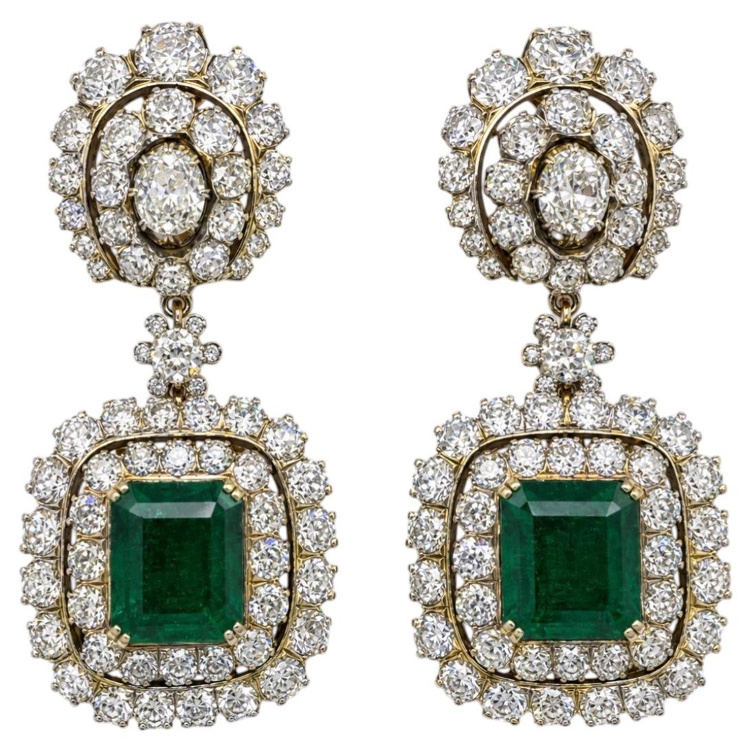 GIA Certified Emeralds Dangle Earrings In 18K Yellow Gold With Cluster Diamonds