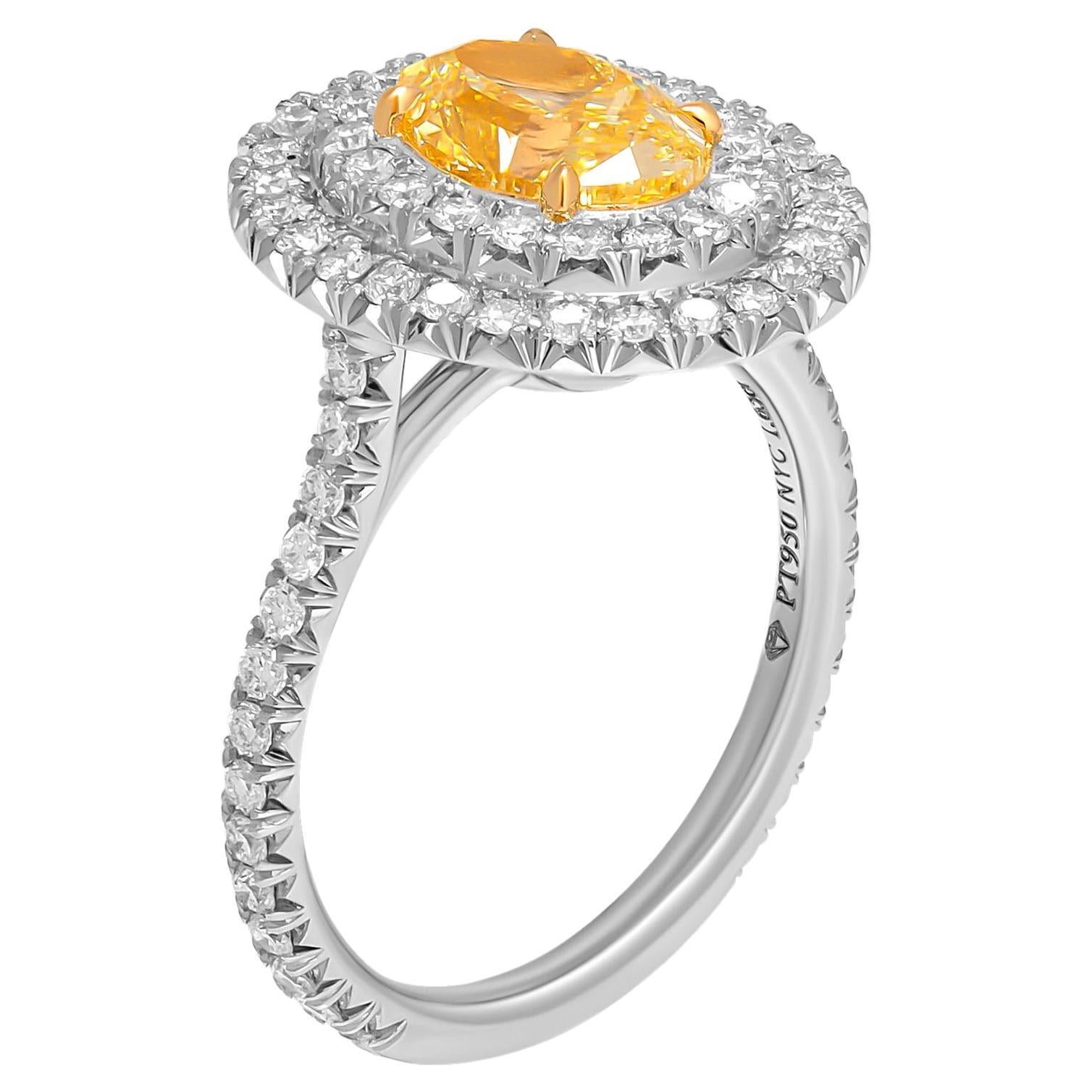 Bague de fiançailles certifiée GIA avec diamant ovale jaune fantaisie de 1,65 carat