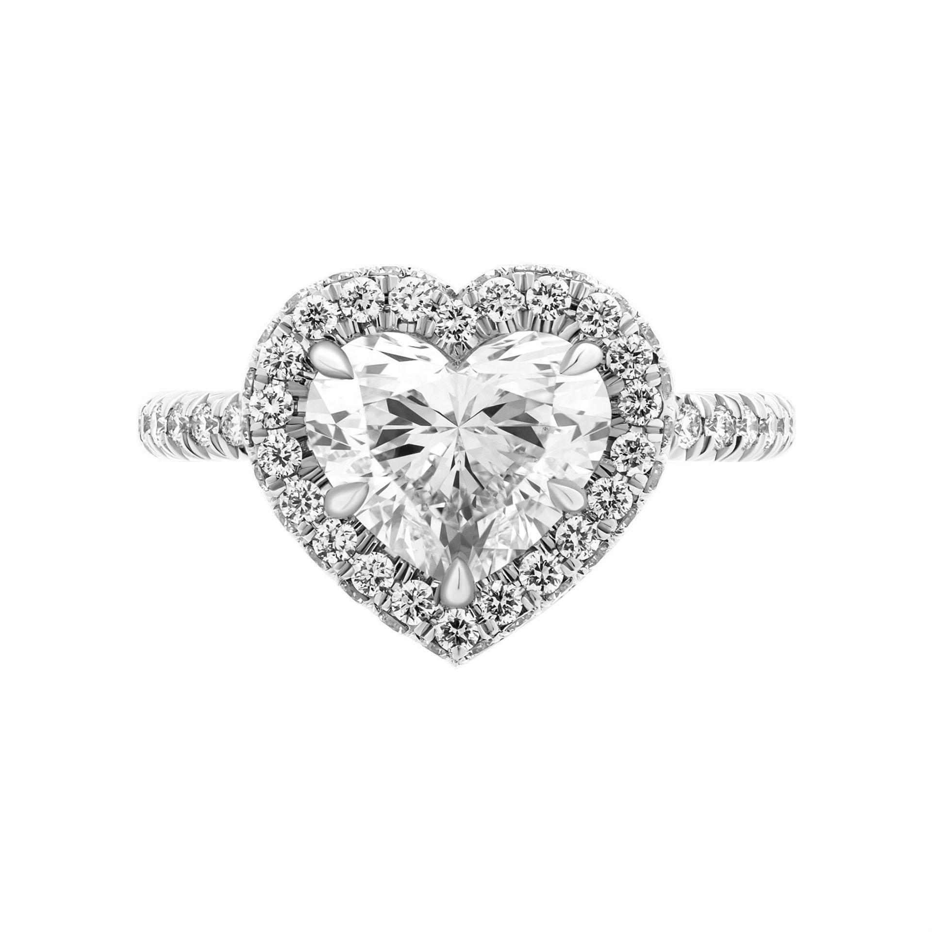 GIA Certified Engagement Ring with 2.01ct H VS1 Heart Shape Diamond
Center stone:  2.01ct H VS1 Heart Shape Diamond GIA#1226138798

Diamond shank, diamond heart stage under the head, double edge halo for Heart Shape diamond
Total Carat Weight of