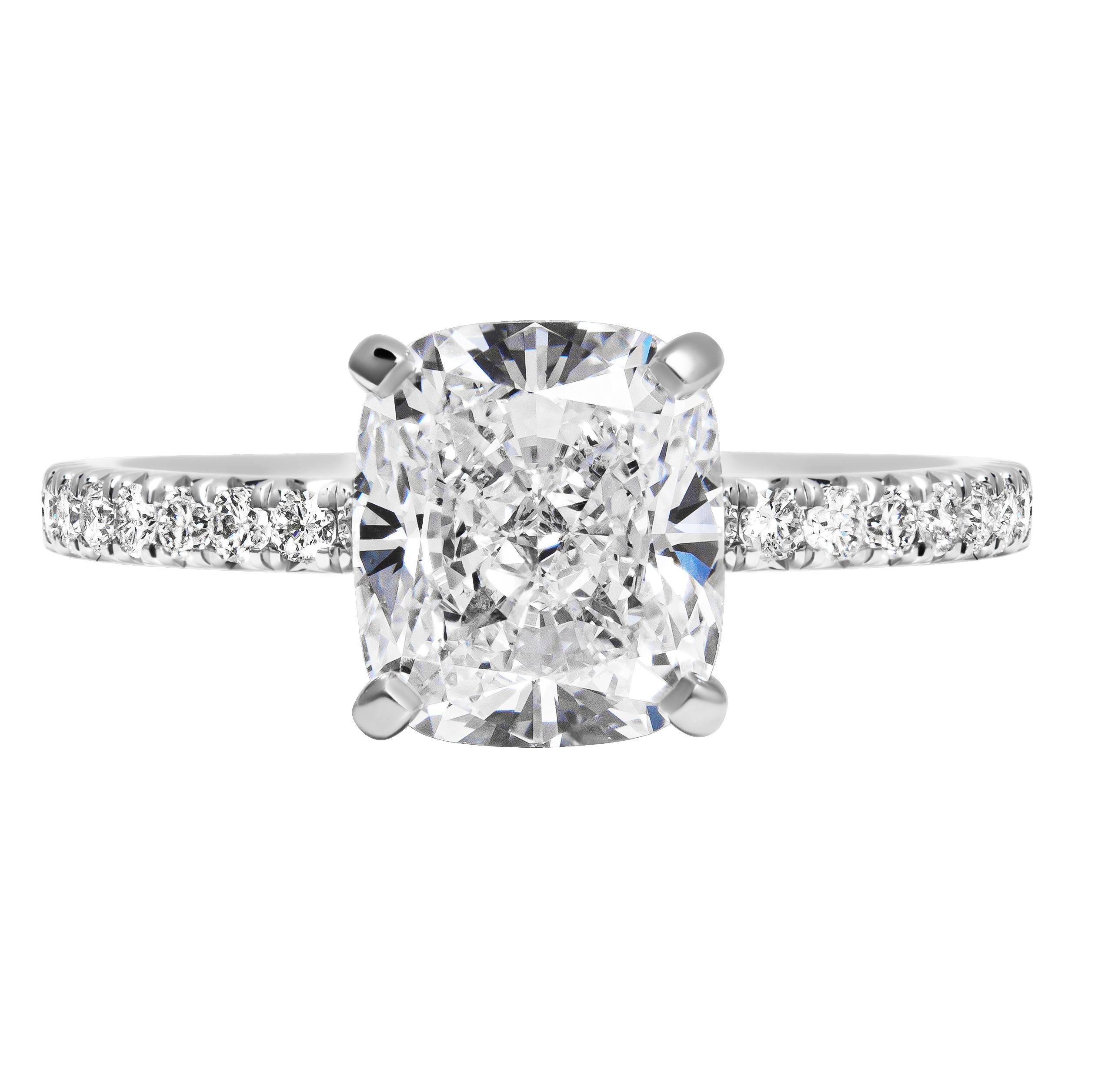 GIA Certified Engagement ring in Platinum 
With Pave shank & custom basket
Center Stone: Cushion 2.10ct D VS2 GIA:1169715868
Size 5.5 (sizable)
Total Carat Weight: 0.48CT
