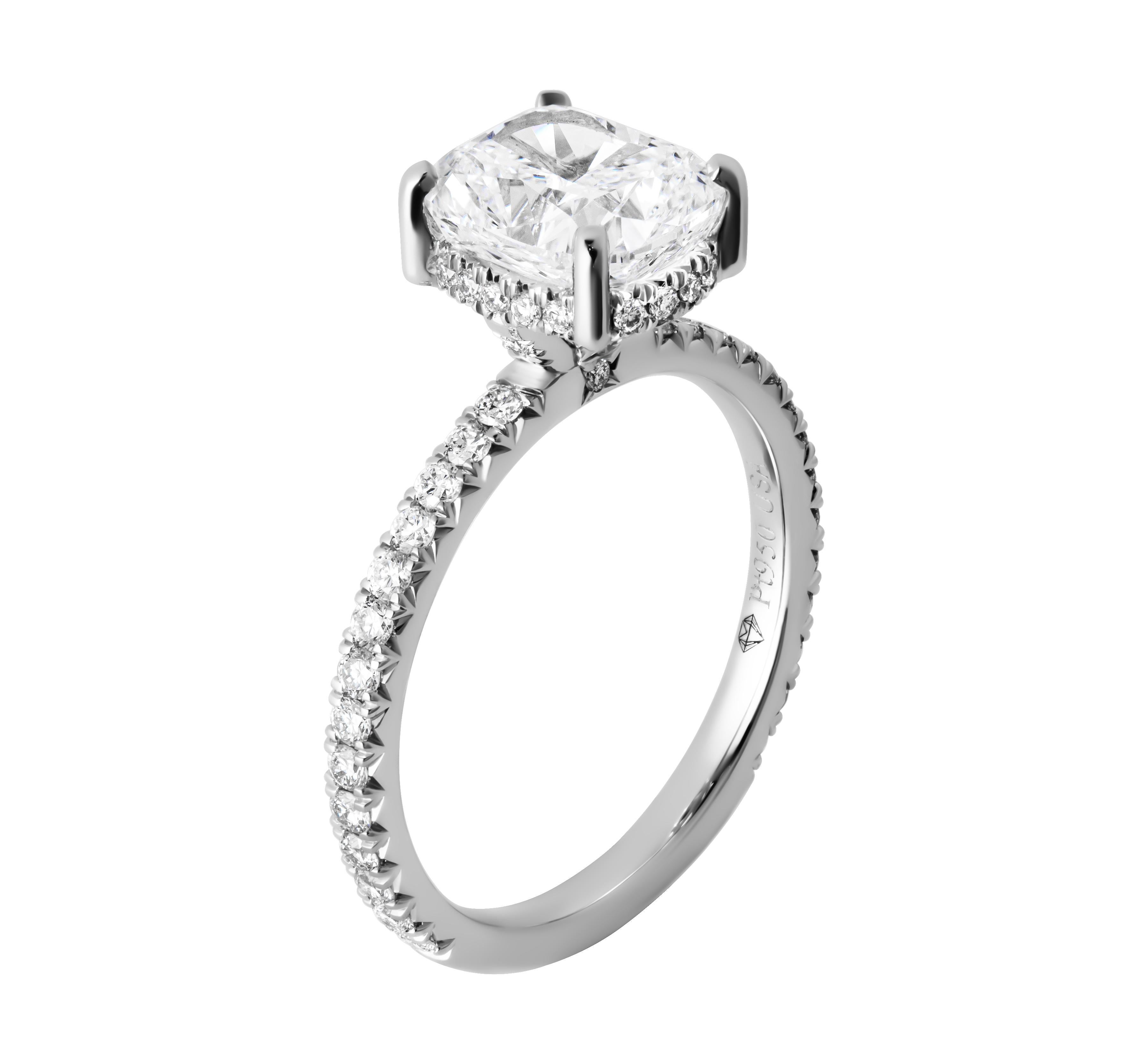 GIA Certified Engagement ring with 2.10ct D VS2 Cushion Diamond In New Condition For Sale In New York, NY