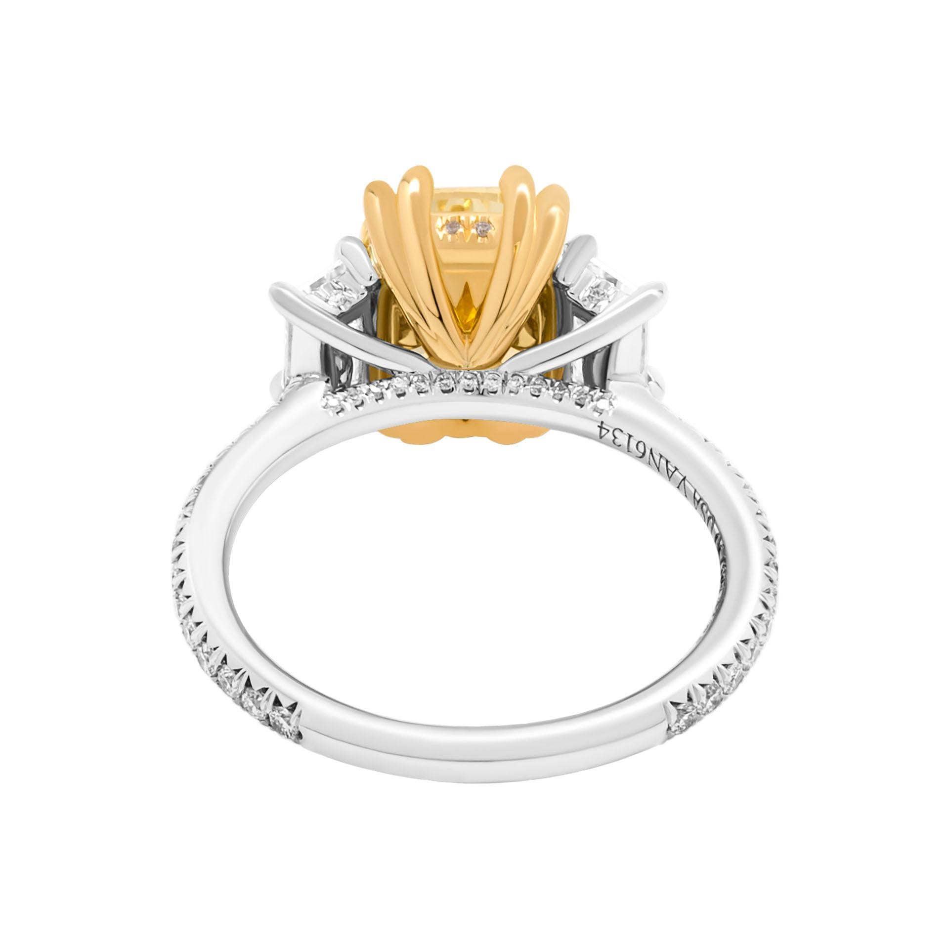 Cushion Cut GIA Certified Engagement Ring with 3.01ct Fancy Yellow SI1 Cushion Diamond For Sale