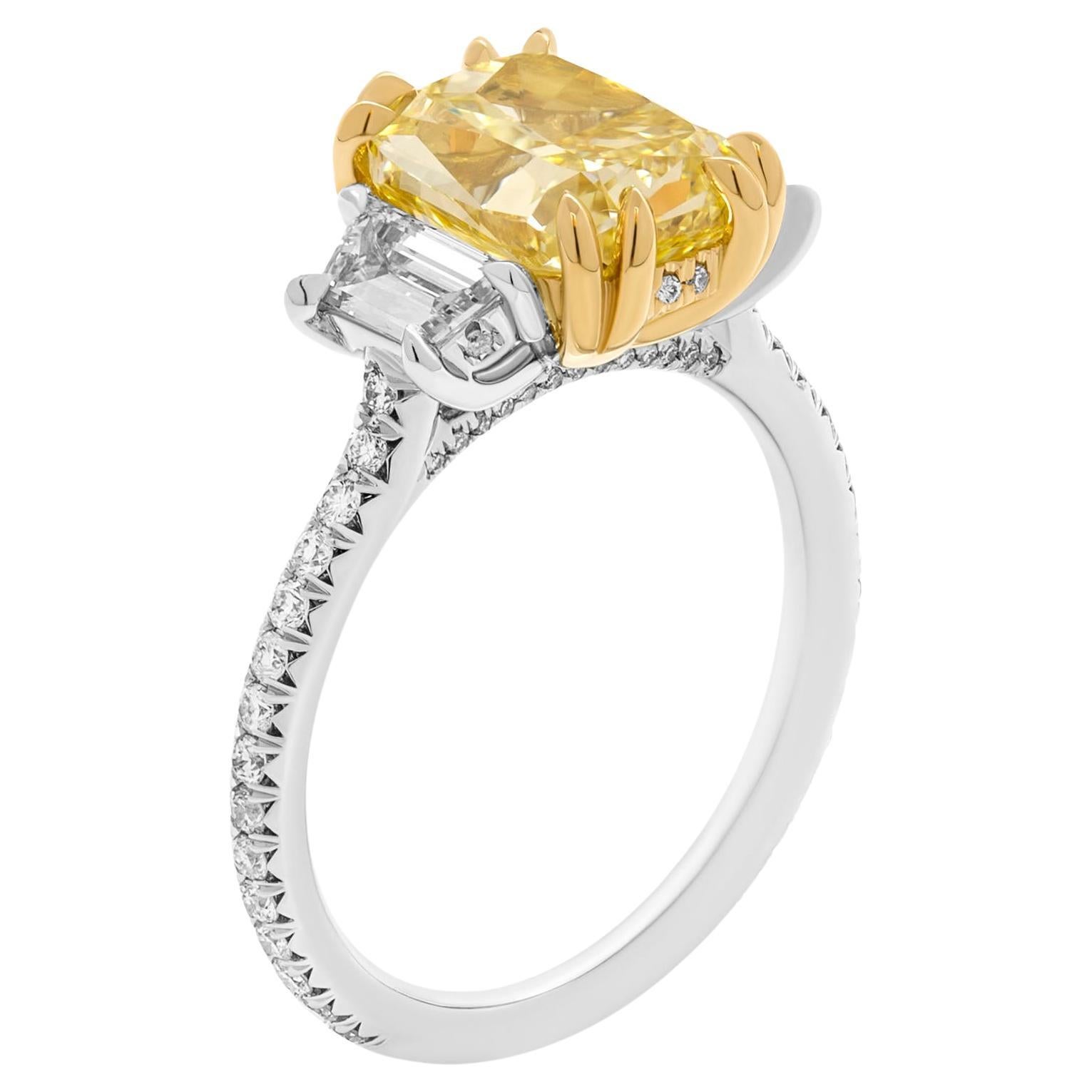 GIA Certified Engagement Ring with 3.01ct Fancy Yellow SI1 Cushion Diamond
