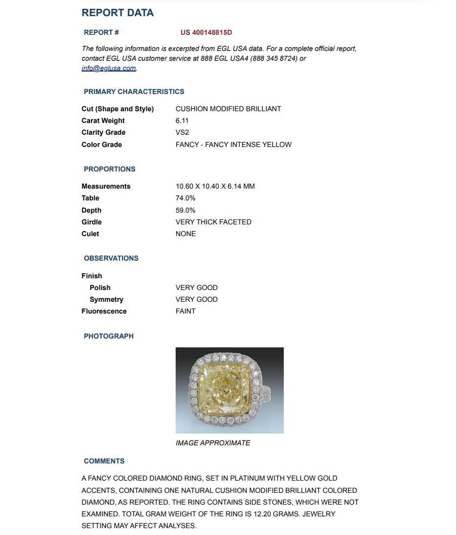 Donna GIA Certified Engagement Ring with 6.11 Carat Yellow Cushion Cut Diamond in vendita