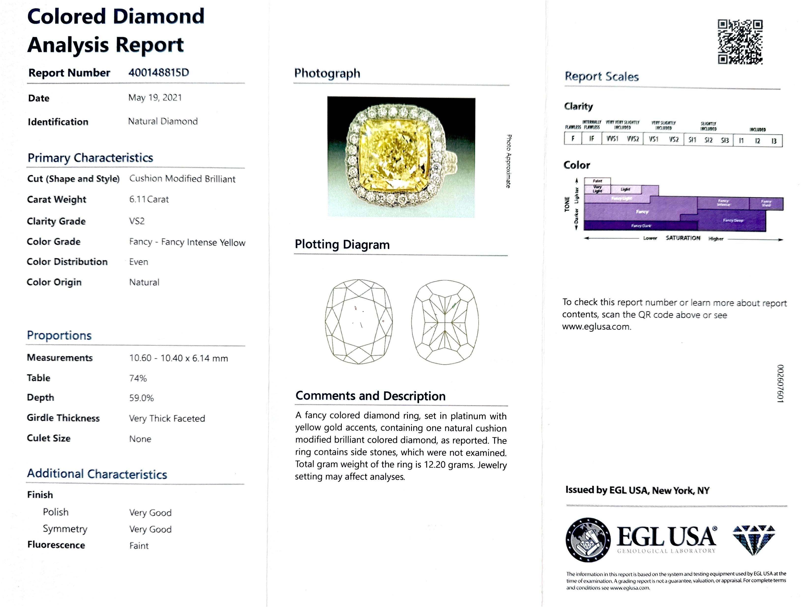 GIA Certified Engagement Ring with 6.11 Carat Yellow Cushion Cut Diamond In New Condition For Sale In New York, NY