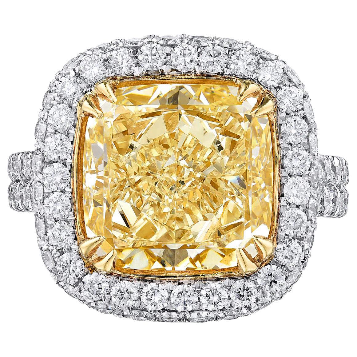 GIA Certified Engagement Ring with 6.11 Carat Yellow Cushion Cut Diamond For Sale