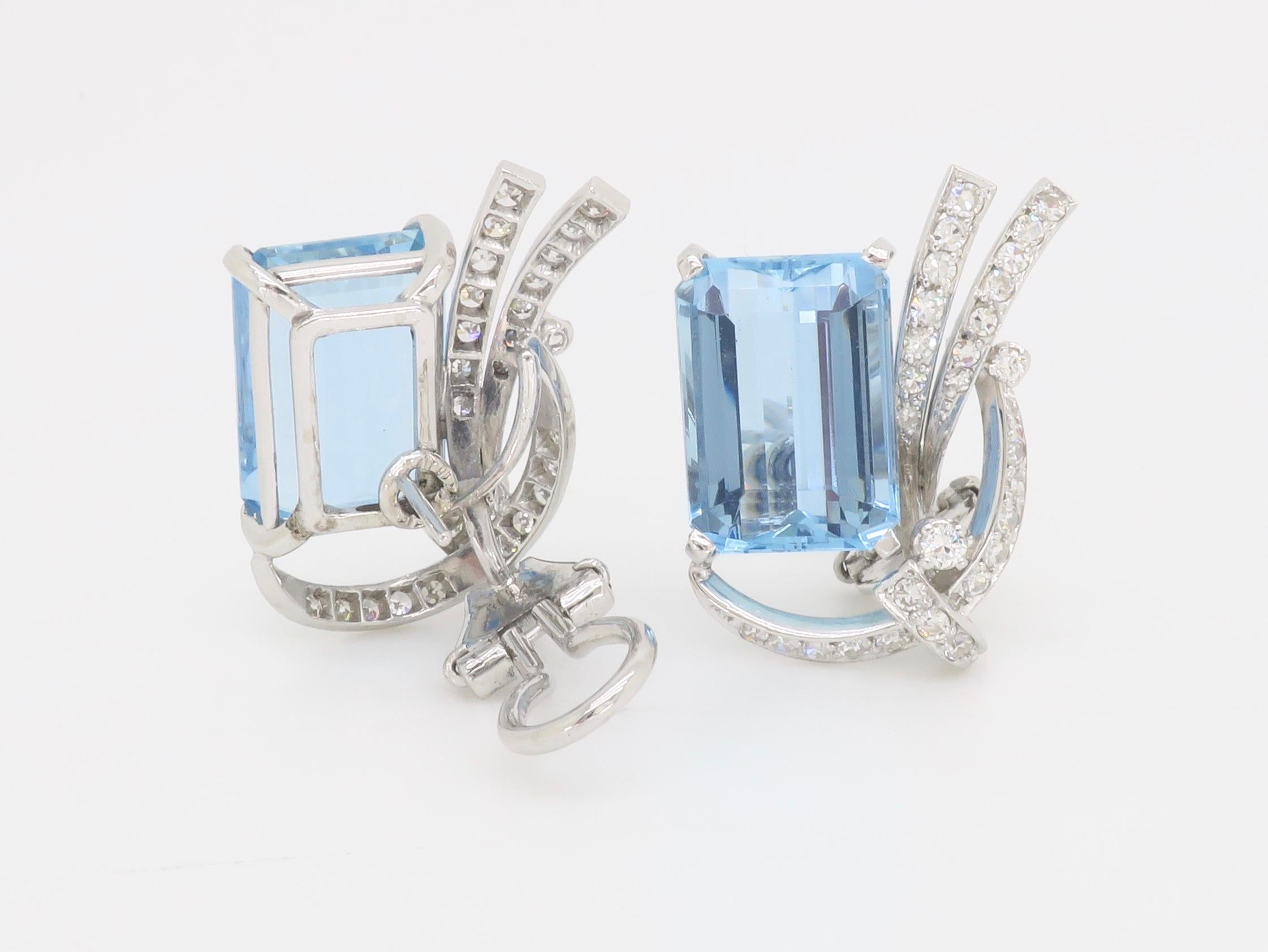 GIA Certified Estate Aquamarine & Diamond Omega Back Earrings For Sale 2