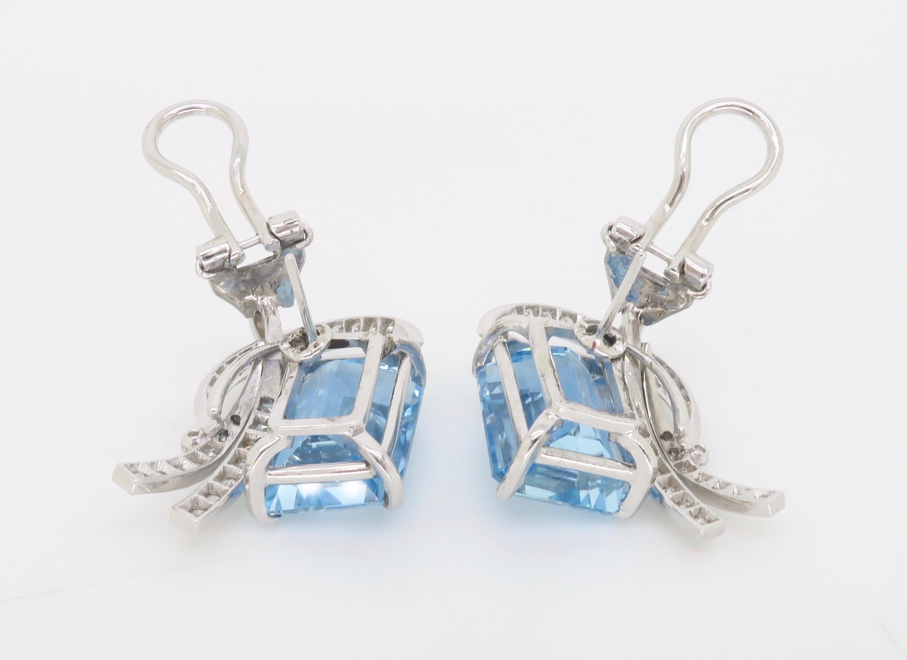 GIA Certified Estate Aquamarine & Diamond Omega Back Earrings For Sale 3