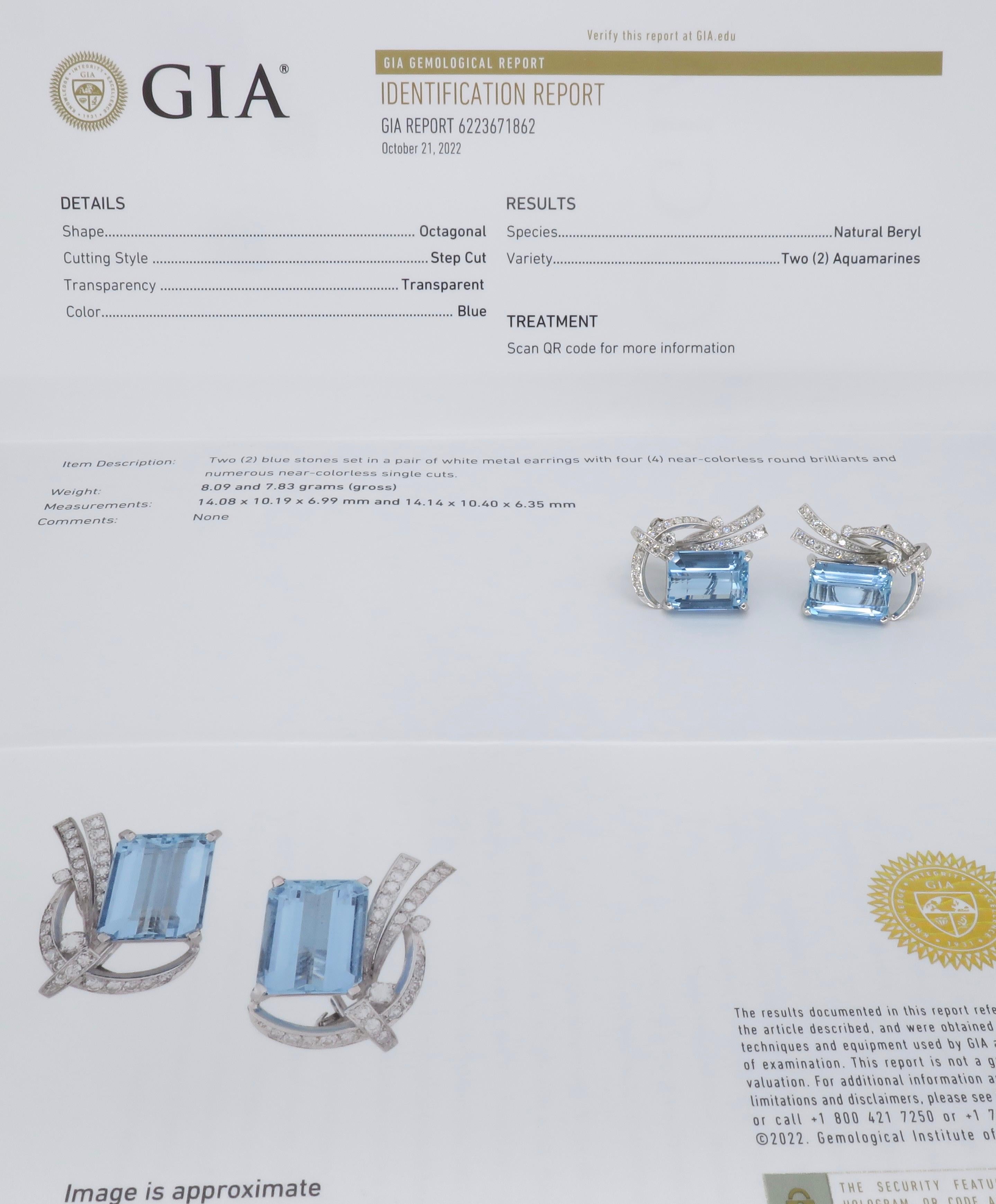 GIA Certified Estate Aquamarine & Diamond Omega Back Earrings For Sale 5
