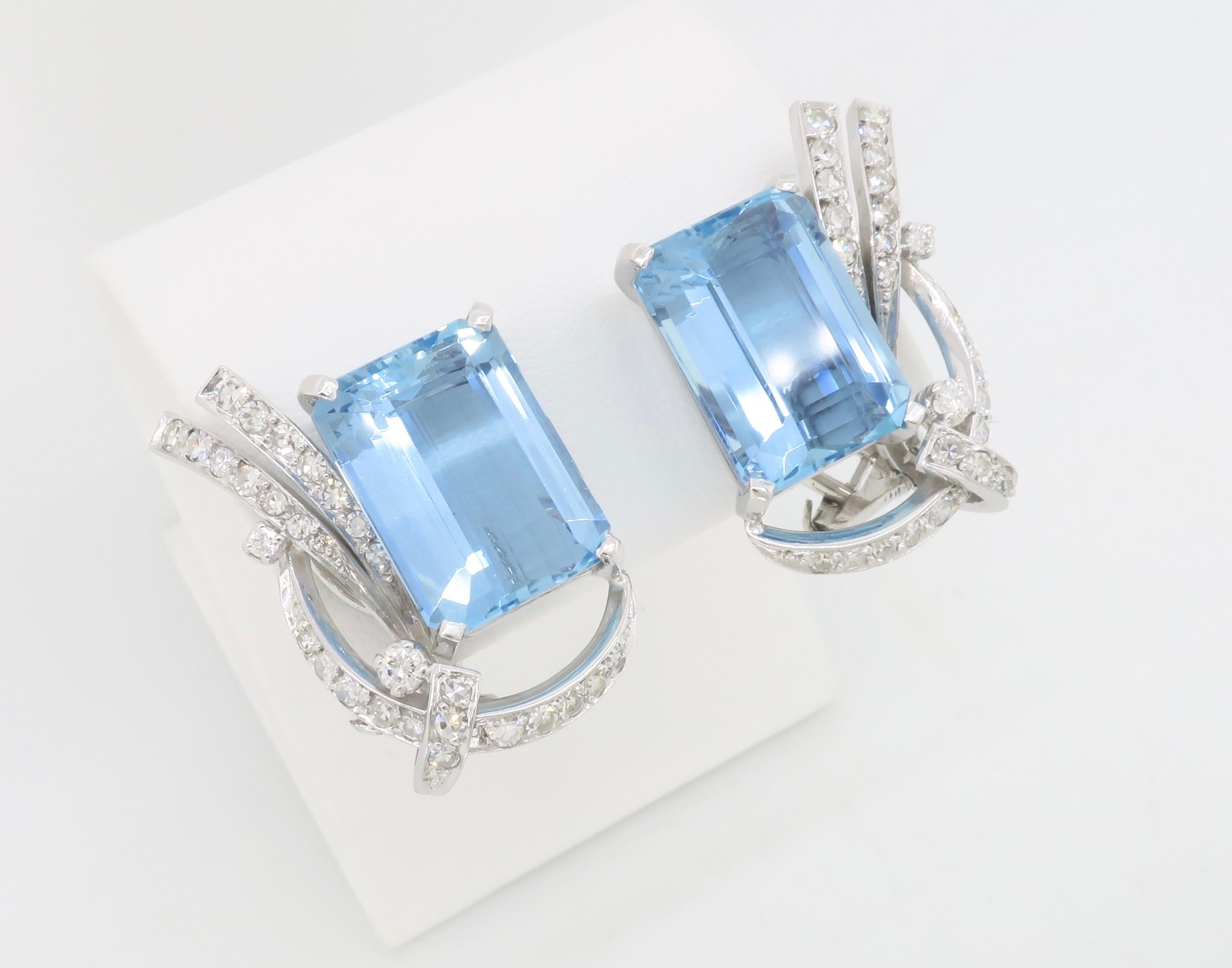 Emerald Cut GIA Certified Estate Aquamarine & Diamond Omega Back Earrings For Sale