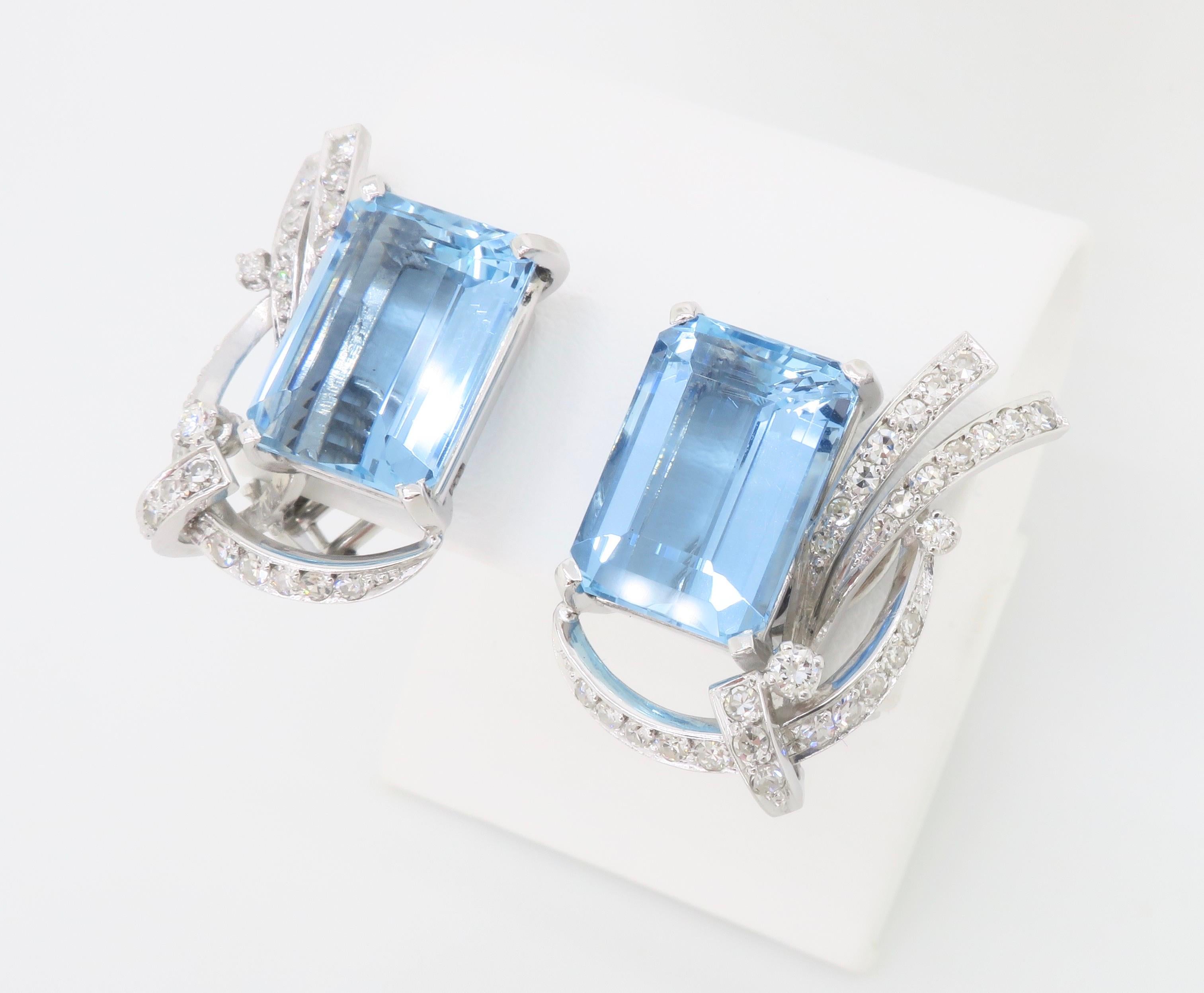GIA Certified Estate Aquamarine & Diamond Omega Back Earrings In Excellent Condition For Sale In Webster, NY